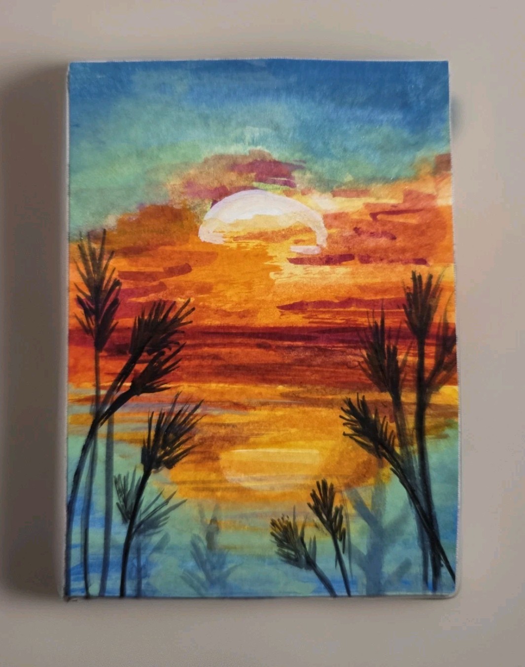 ACEO Original Watercolor Painting, 2.5 x 3.5 in, Orange Sunset, ShineGoldenArt