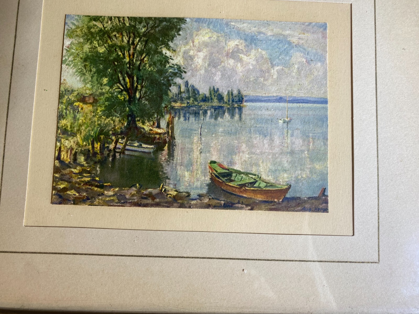 August Herzog (1885 – 1959) «Lakeside Scene» Oil Painting – Signed/Framed