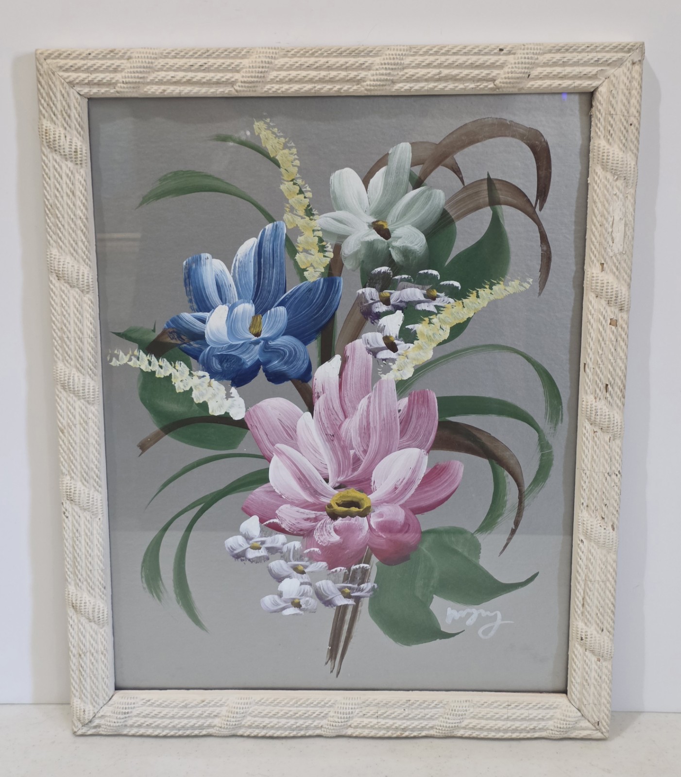 1950s MCM Floral Silverboard Painting Small Framed 12.5″x15.5″