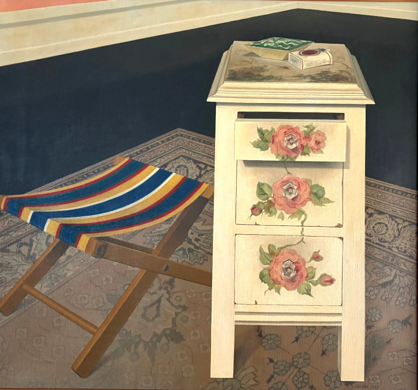 Still Life with Painted Chest 25 x 28″ Oil Painting-1957-Leo Dee (1931-2004)