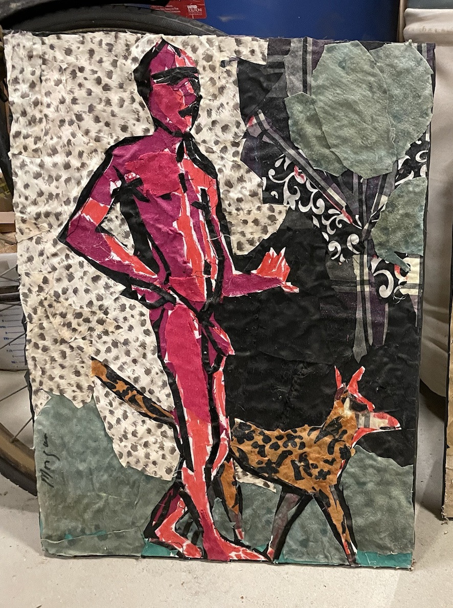 William P. Morgan (1938-2016) mixed medium collage/painting figure with dog