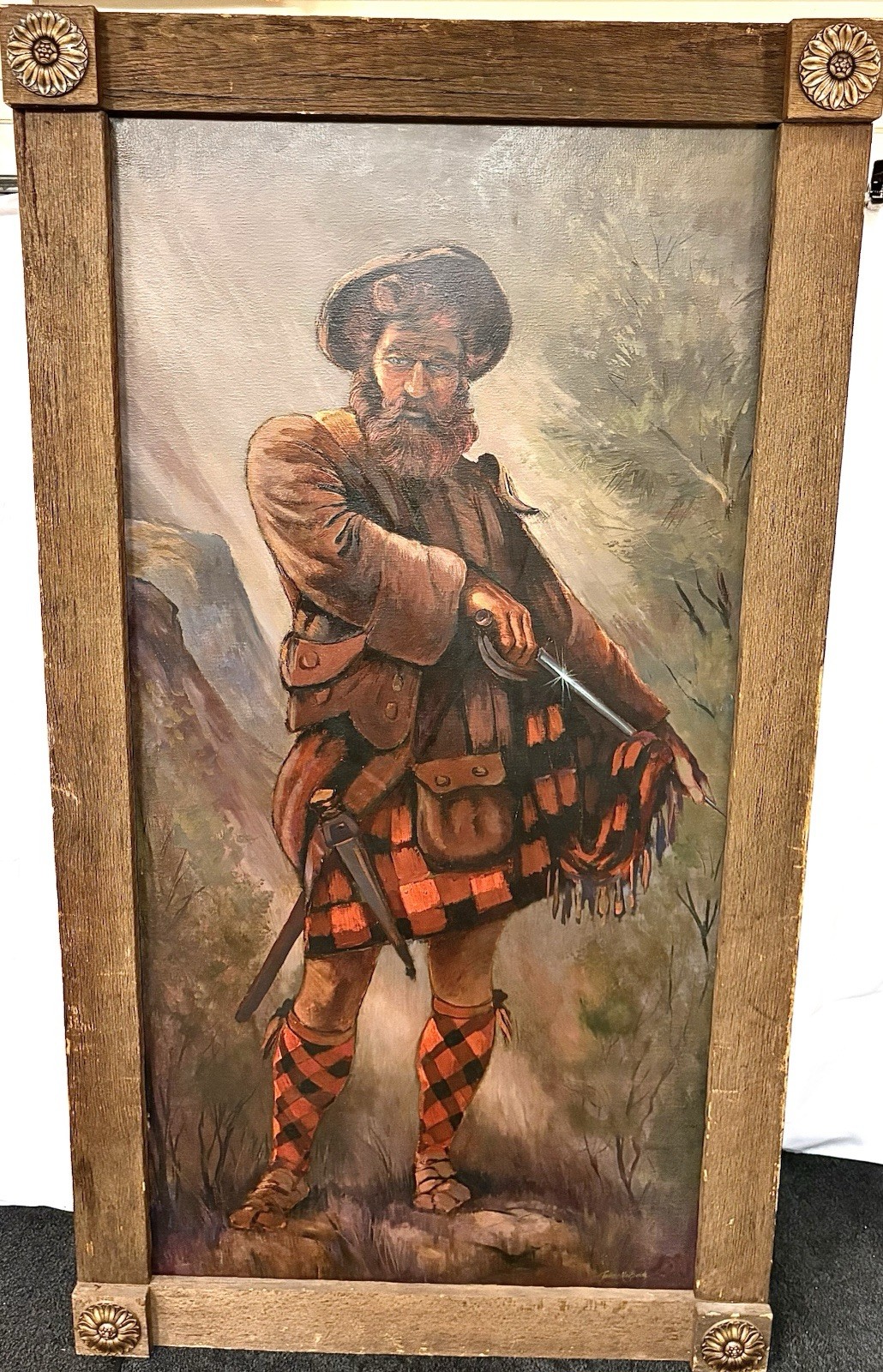 Scottish Highlander Warrior Oil Panting James MacBride Framed Vintage 81 X 45