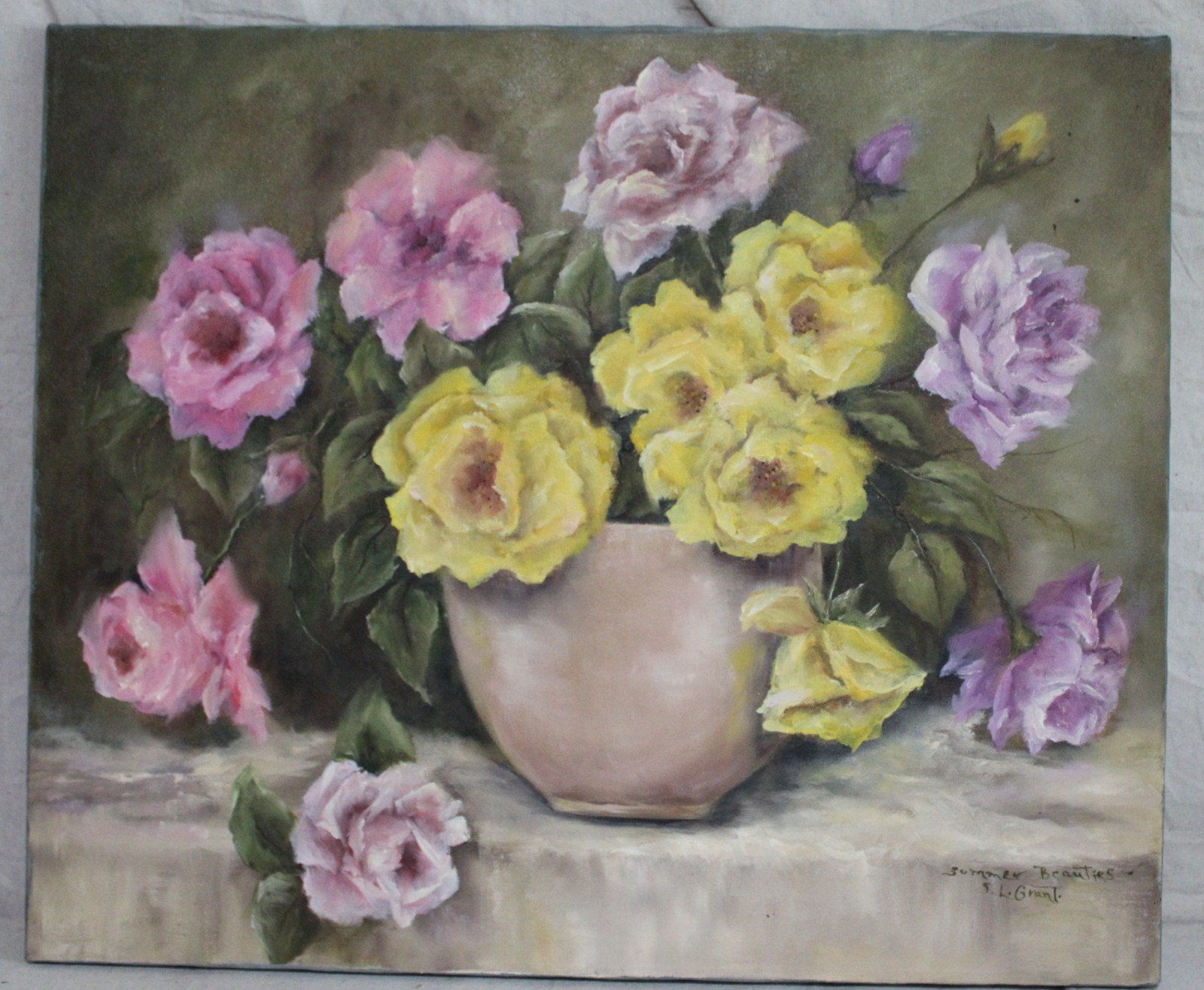 VINTAGE IMPRESSIONIST OIL PAINTING FLORAL RED GERANIUM FOLK ART SIGN GILT FRAME