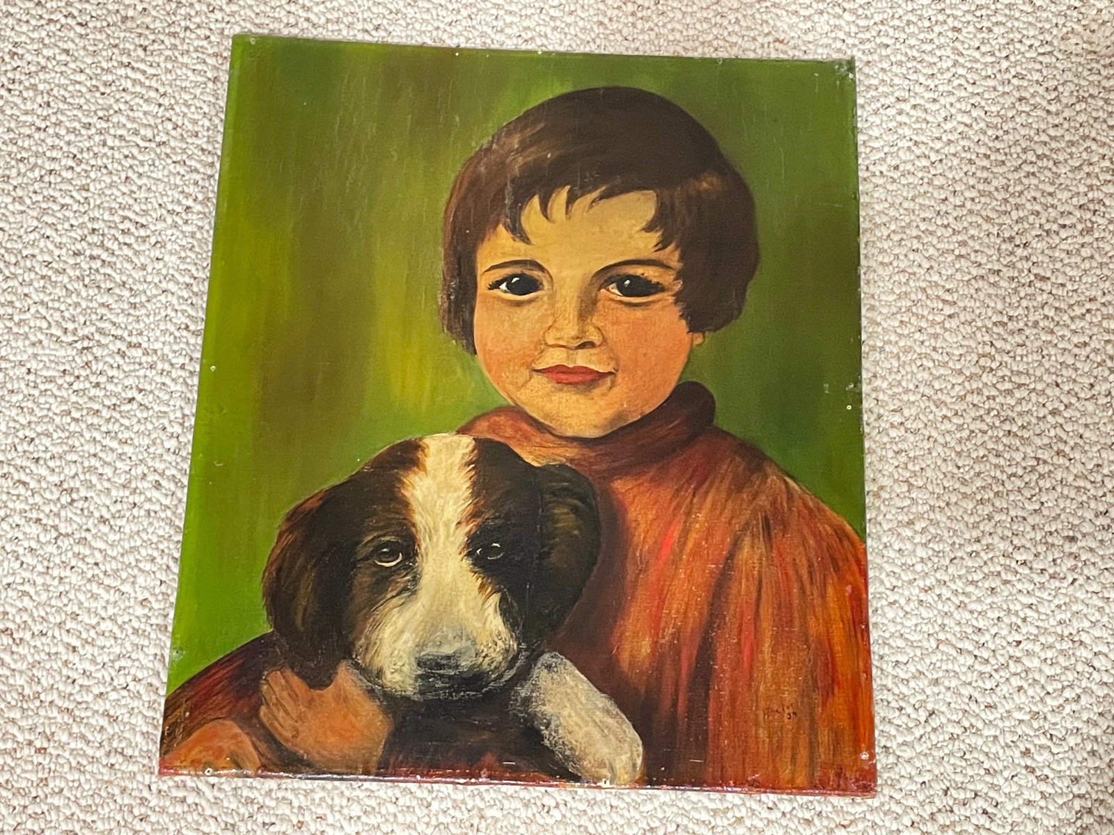 W.P.A. ERA FOLK ART OIL PAINTING – CHILD WITH DOG – SIGNED & DATED