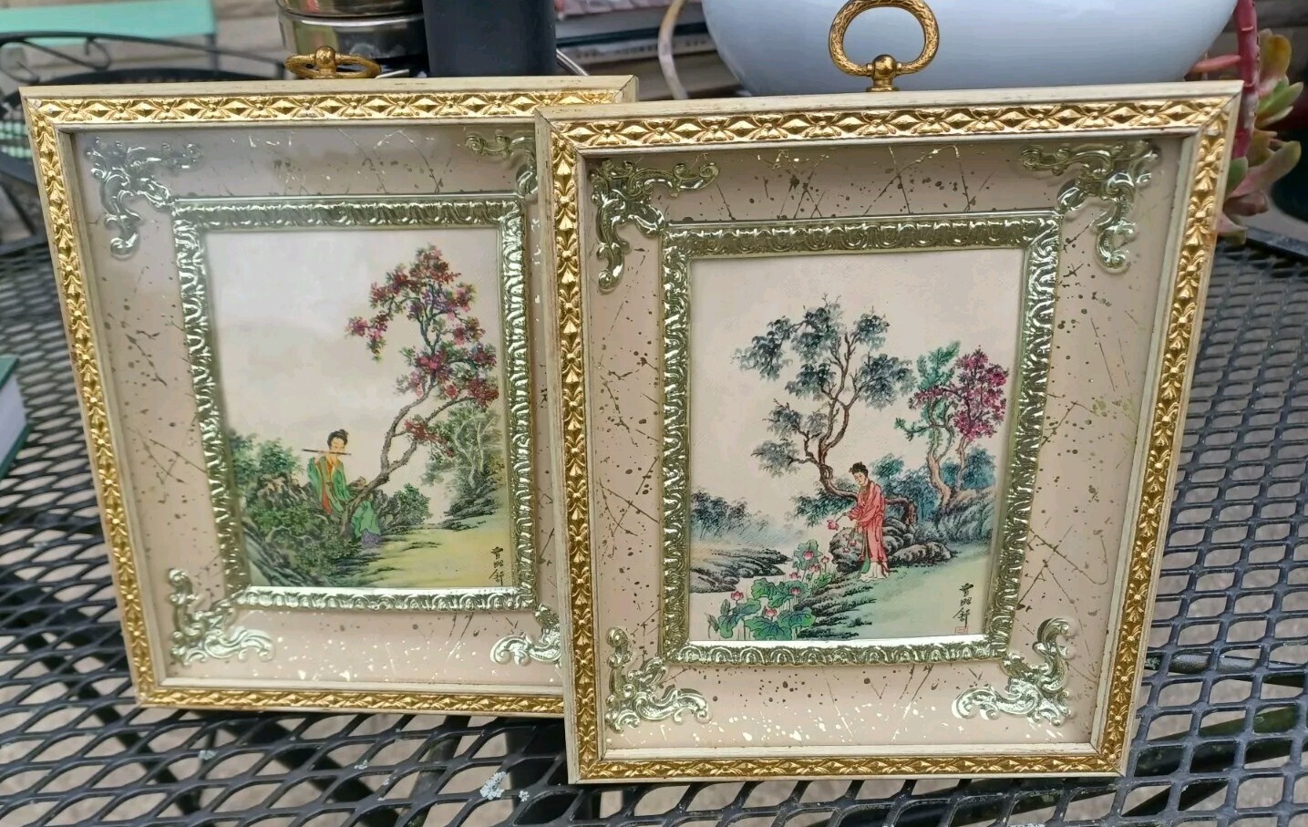 Set Of 2 Mid Century Chinese Silk Painting Glass Framed