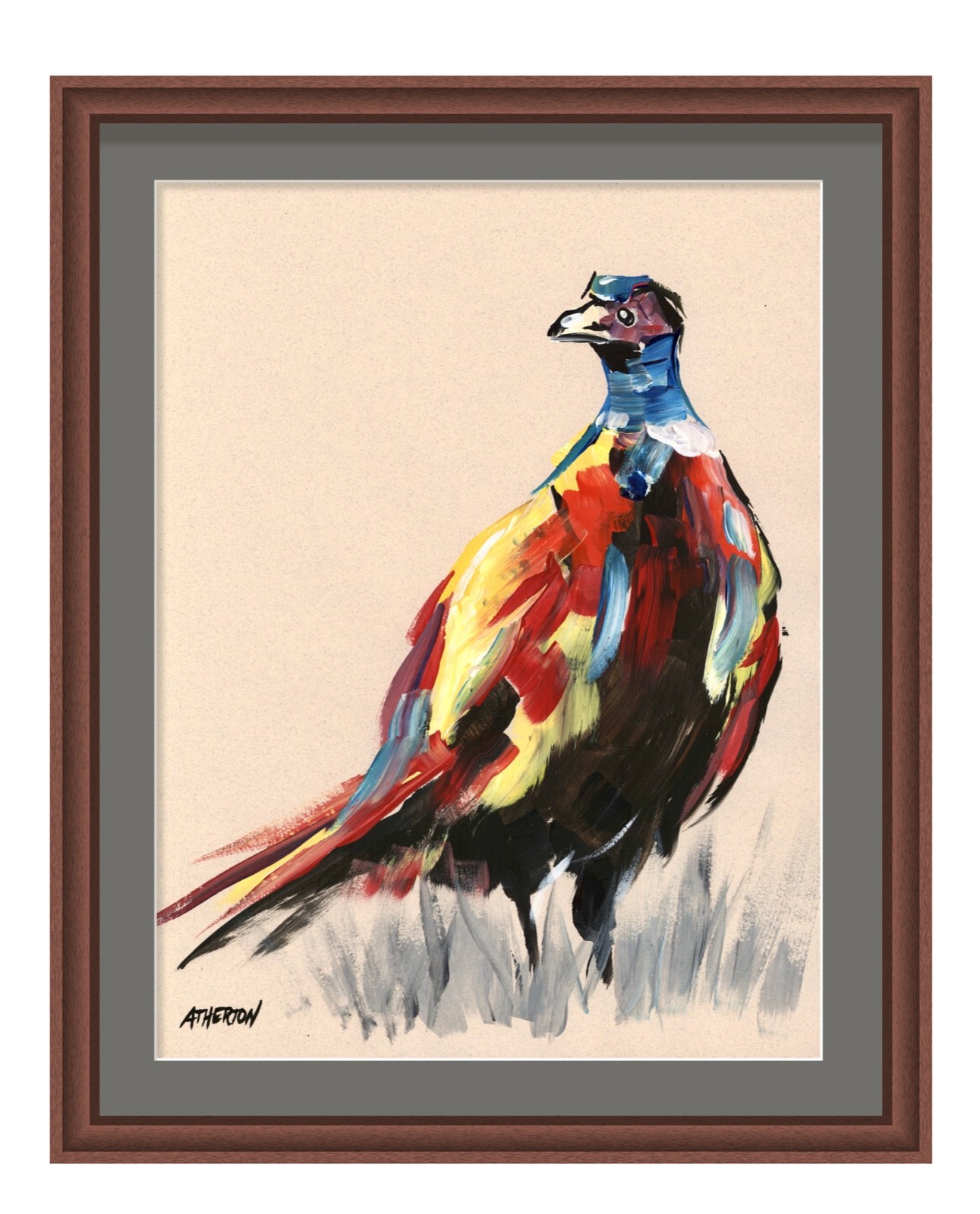 Atherton 9×12 Original Abstract Bird hunting Painting «Tan Pheasant 2» signed