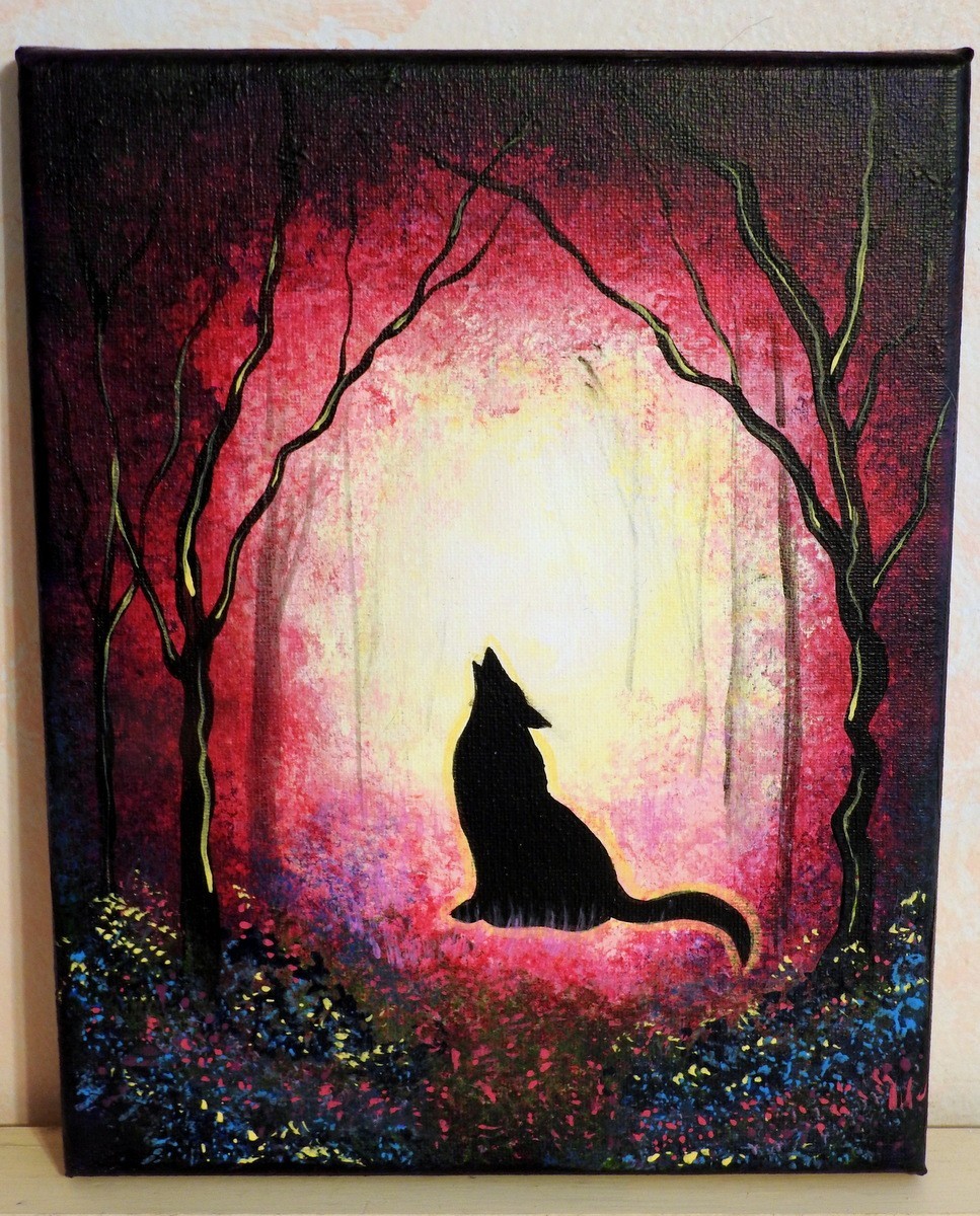 8 x 10″ Landscape Acrylic Painting Fantasy Wolf Howling in Mysterious Woodlands