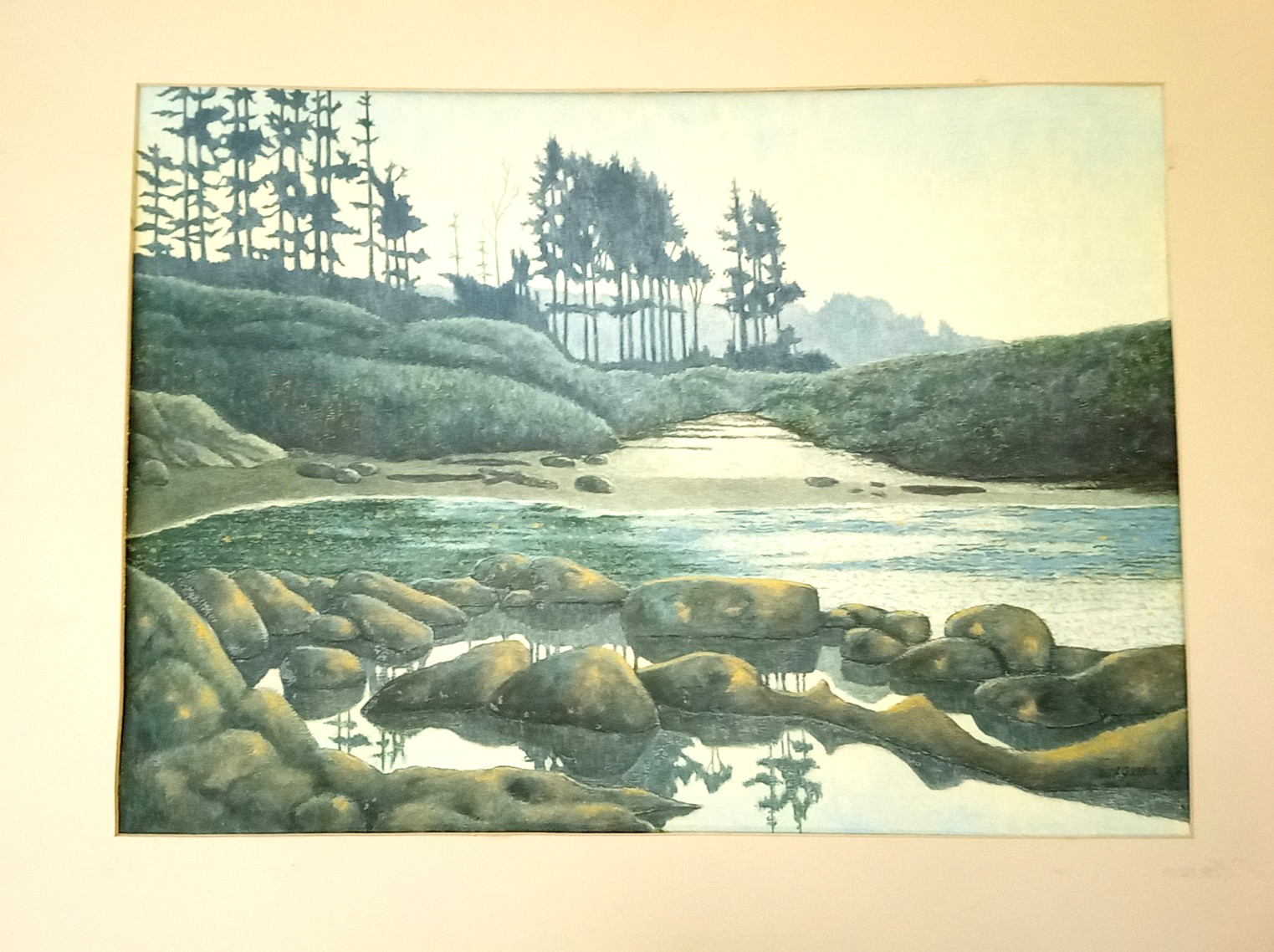 Vintage watercolor painting signed WF Green Oregon coast landscape beach 2/83