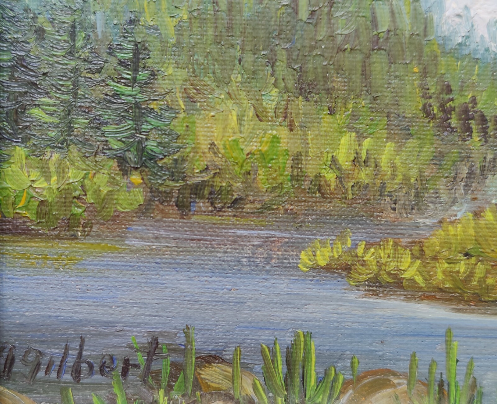 Impressionist Landscape River and Forest Oil Painting Silver Wood Frame 5×7