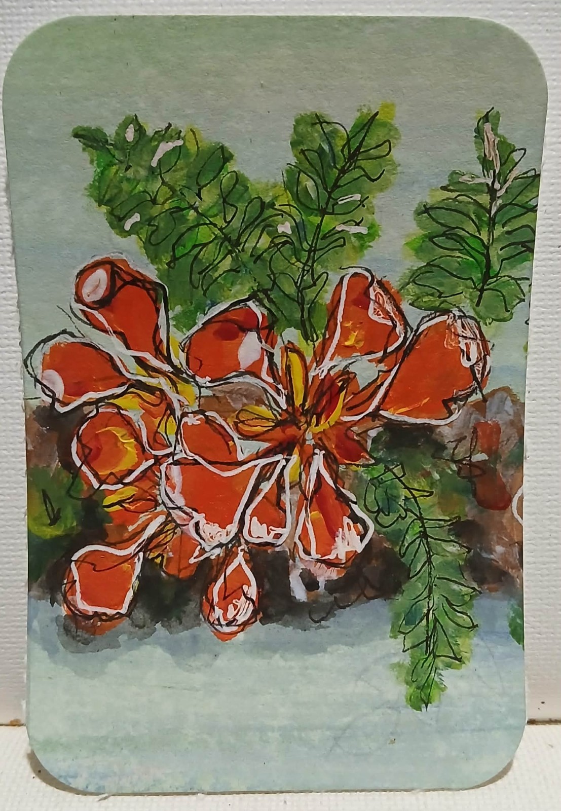 Lichen & Flame OOAK ACEO Loose Watercolor of Royal Poinciana on Bark Giftable