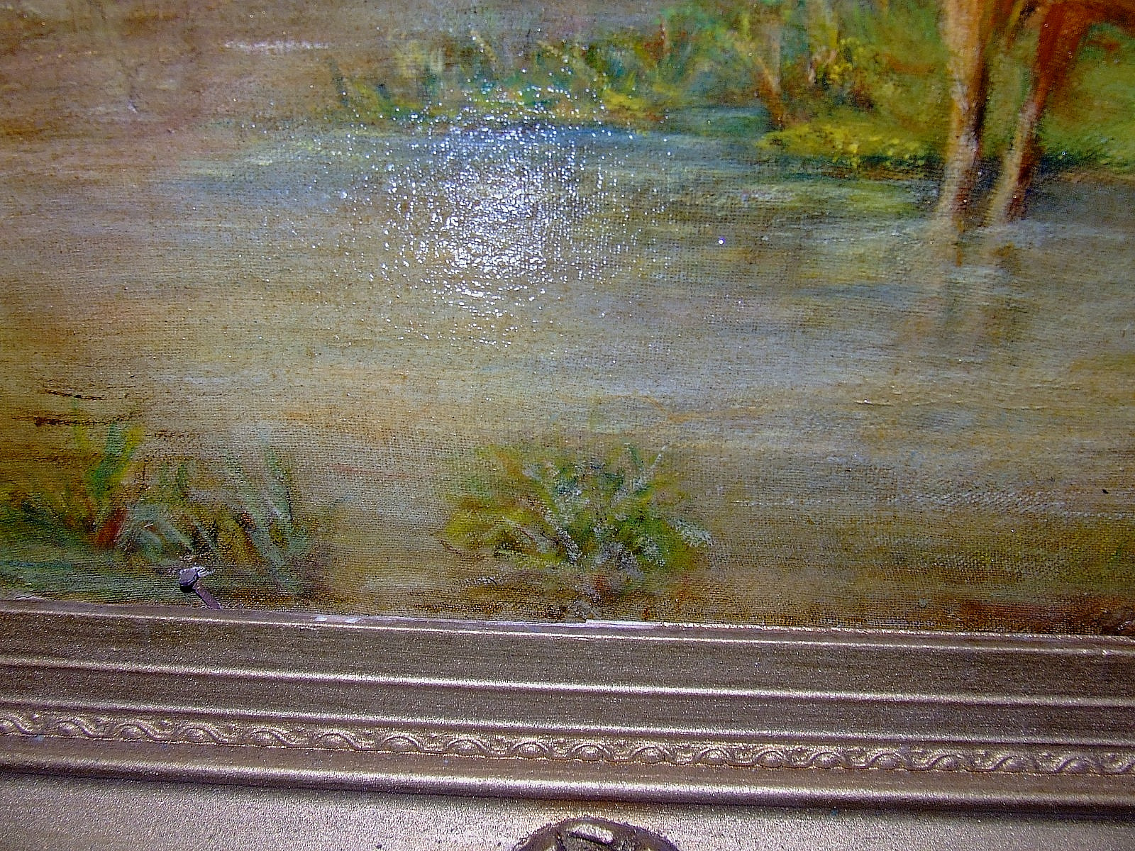 Antique 19th C. Landscape Gathering Watering Cows Oil on Board Gilt Ornate Frame