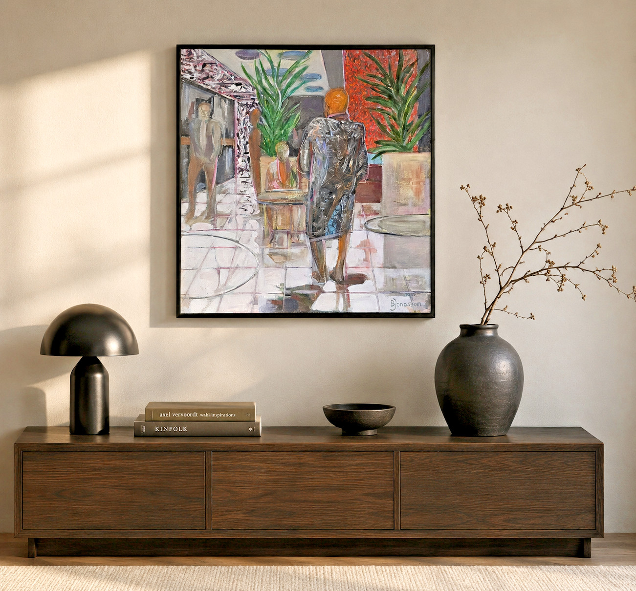 SWEDISH CONTEMPORARY EXPRESSIONIST FIGURATIVE OIL PAINTING INTERIOR SCENE SIGNED