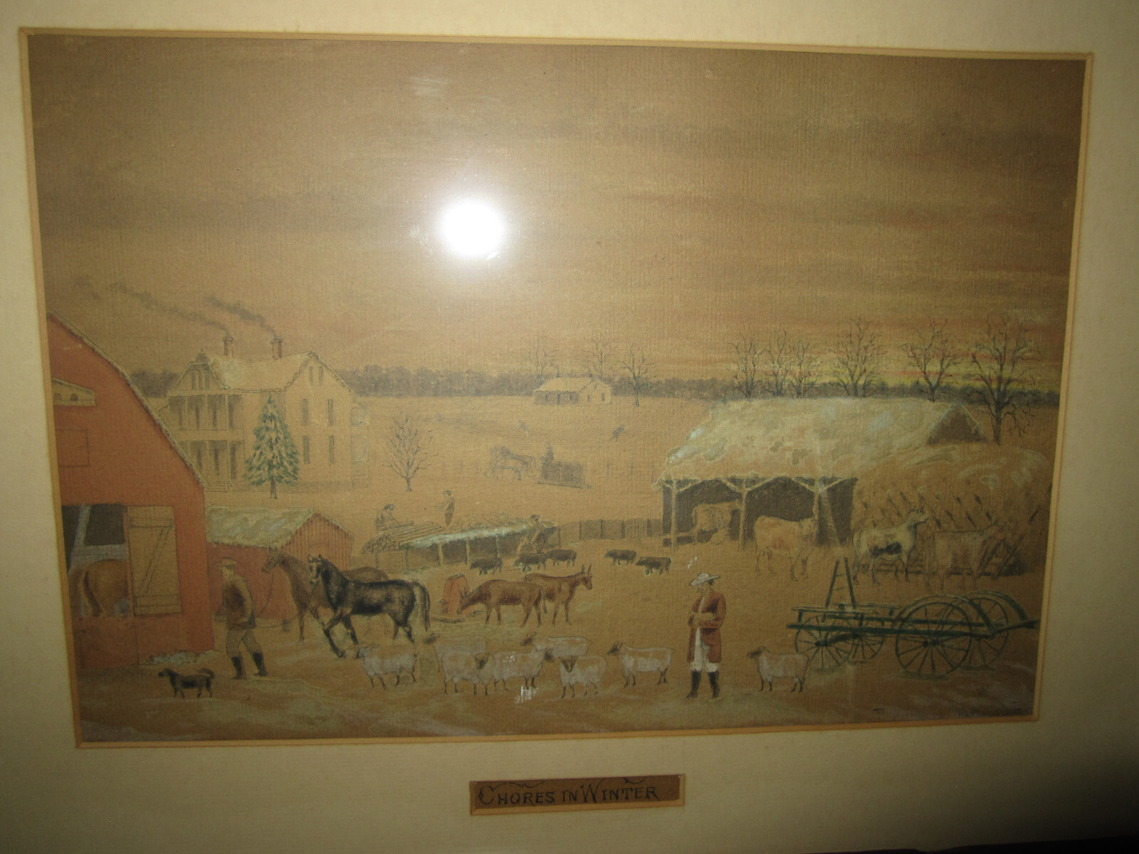 Antique framed art, Chores In Winter – painting / drawing signed Penfield, 1897