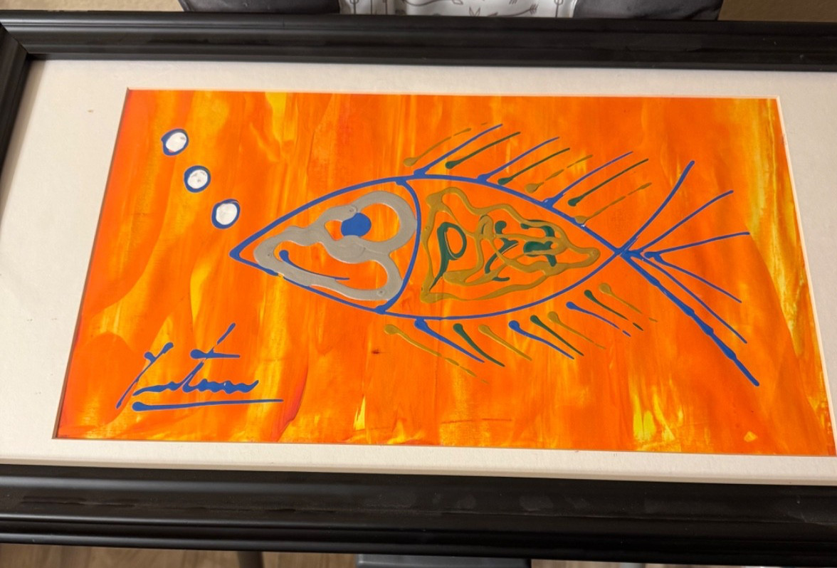 Original Vibrant Stylized Fish Painting – Signed 26.5” x 14.5”