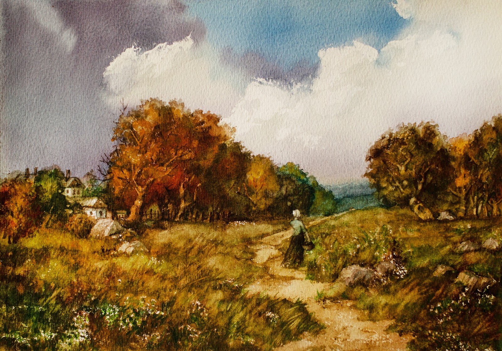 Nostalgic Country Autumn Landscape Watercolor Painting Fall European Original