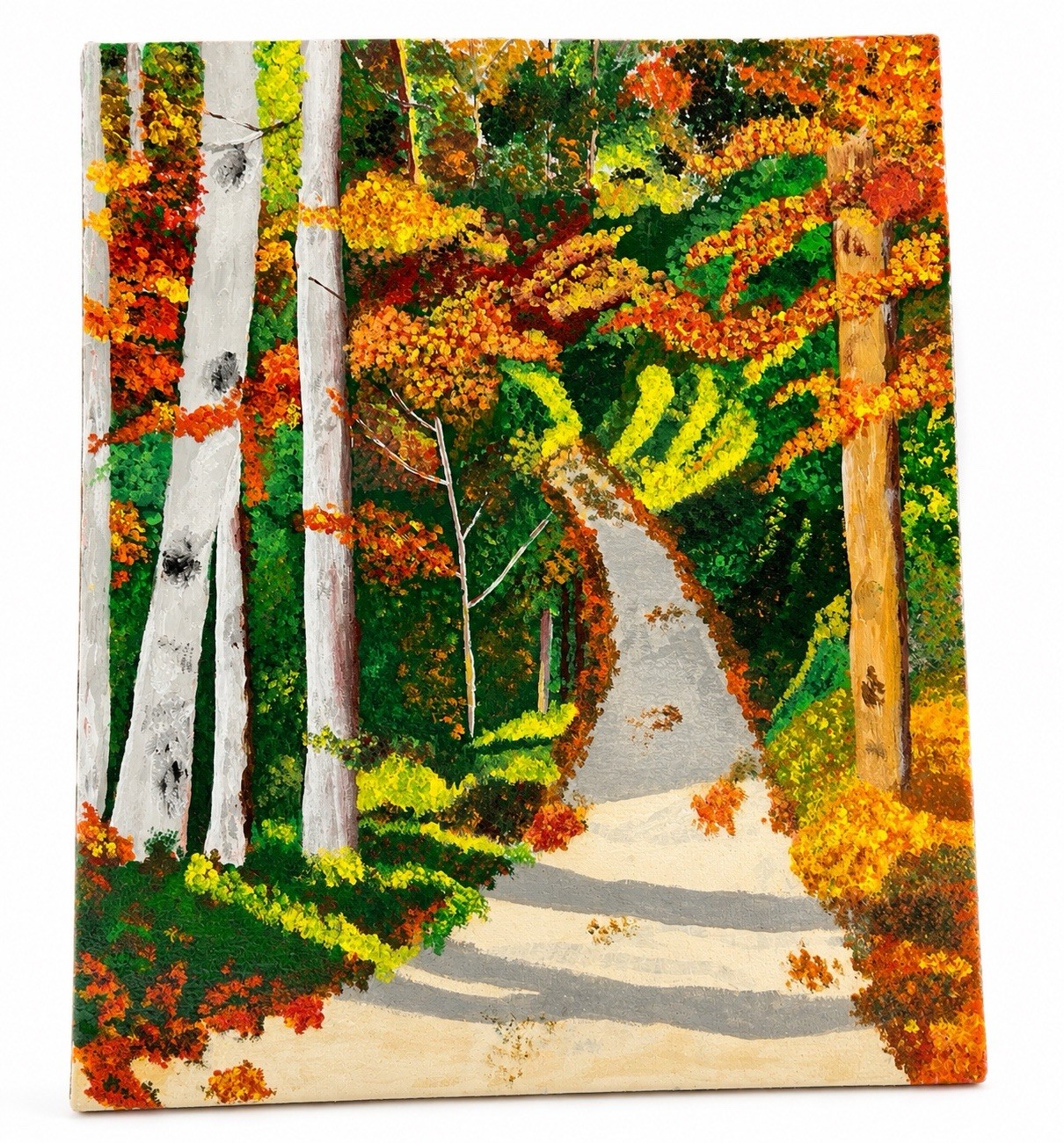 Original Autumn Forest Path Acrylic Painting 16×20 Birch Trees Woods Landscape