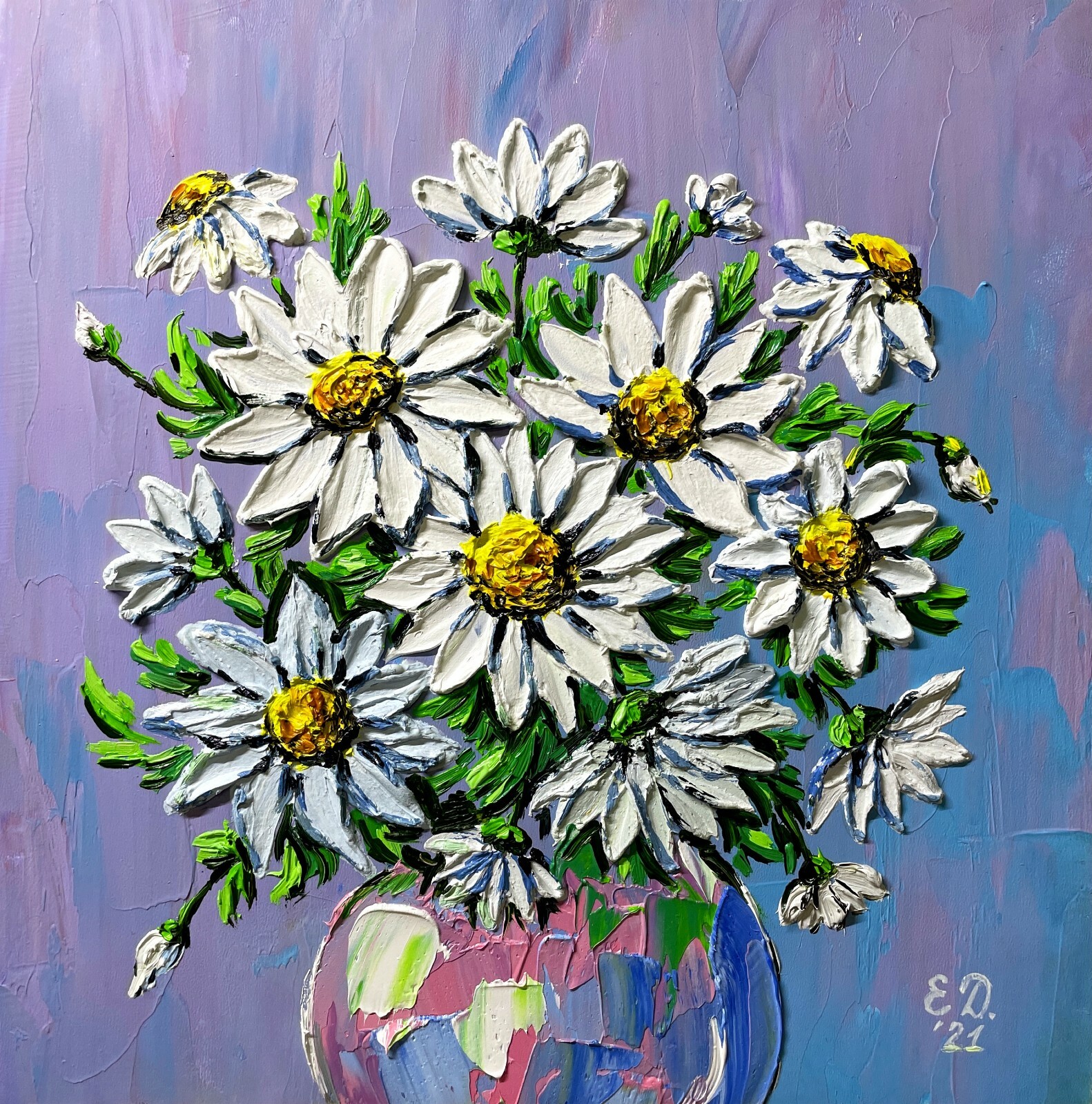 Daisy Painting Flower Original Art Floral Oil Painting Bouquet Wall Art 8×8