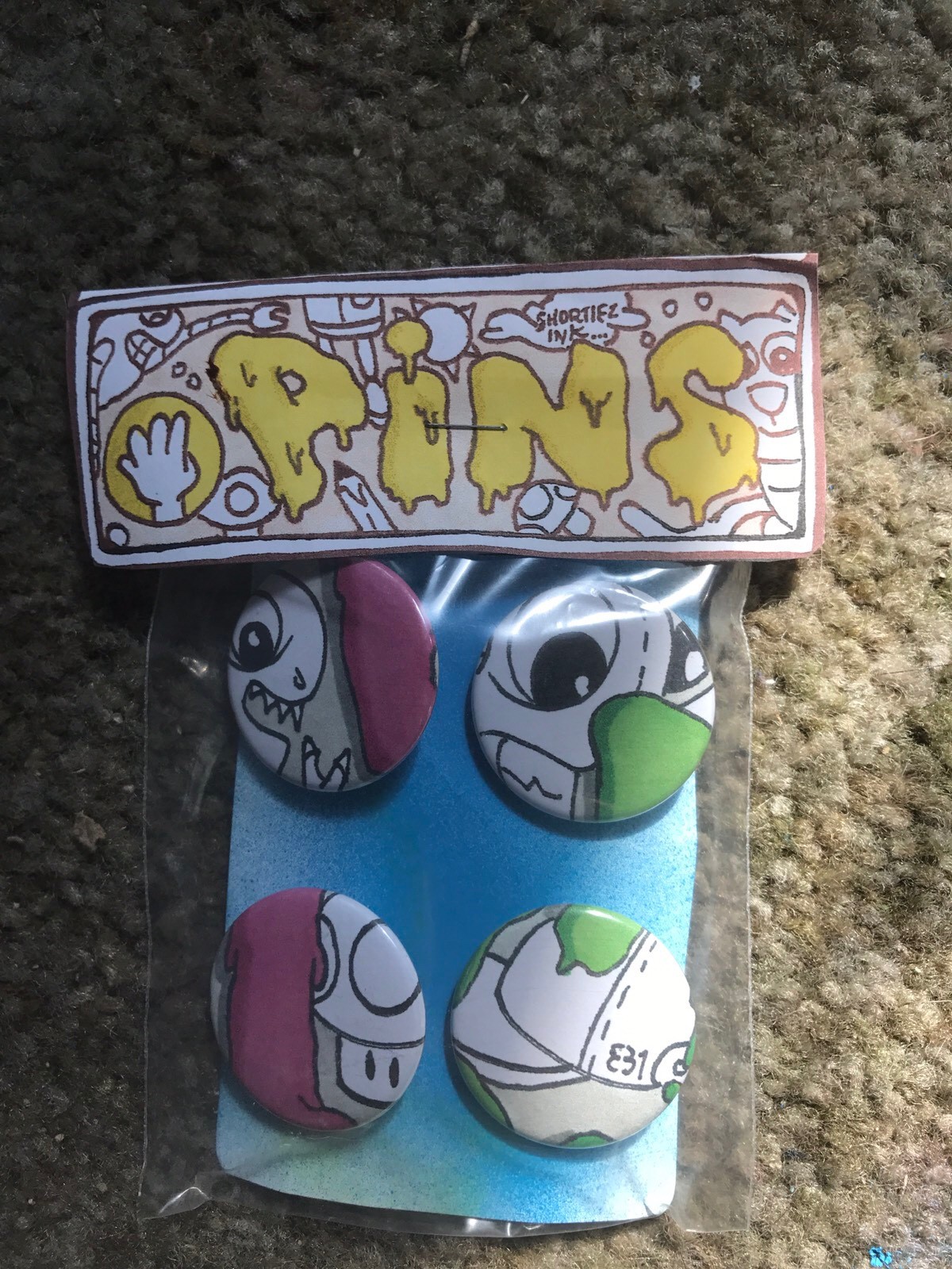 4 Pack Hand Made 1.5″ Button Pins Shortiez Ink In Package Dinosaur Shroom