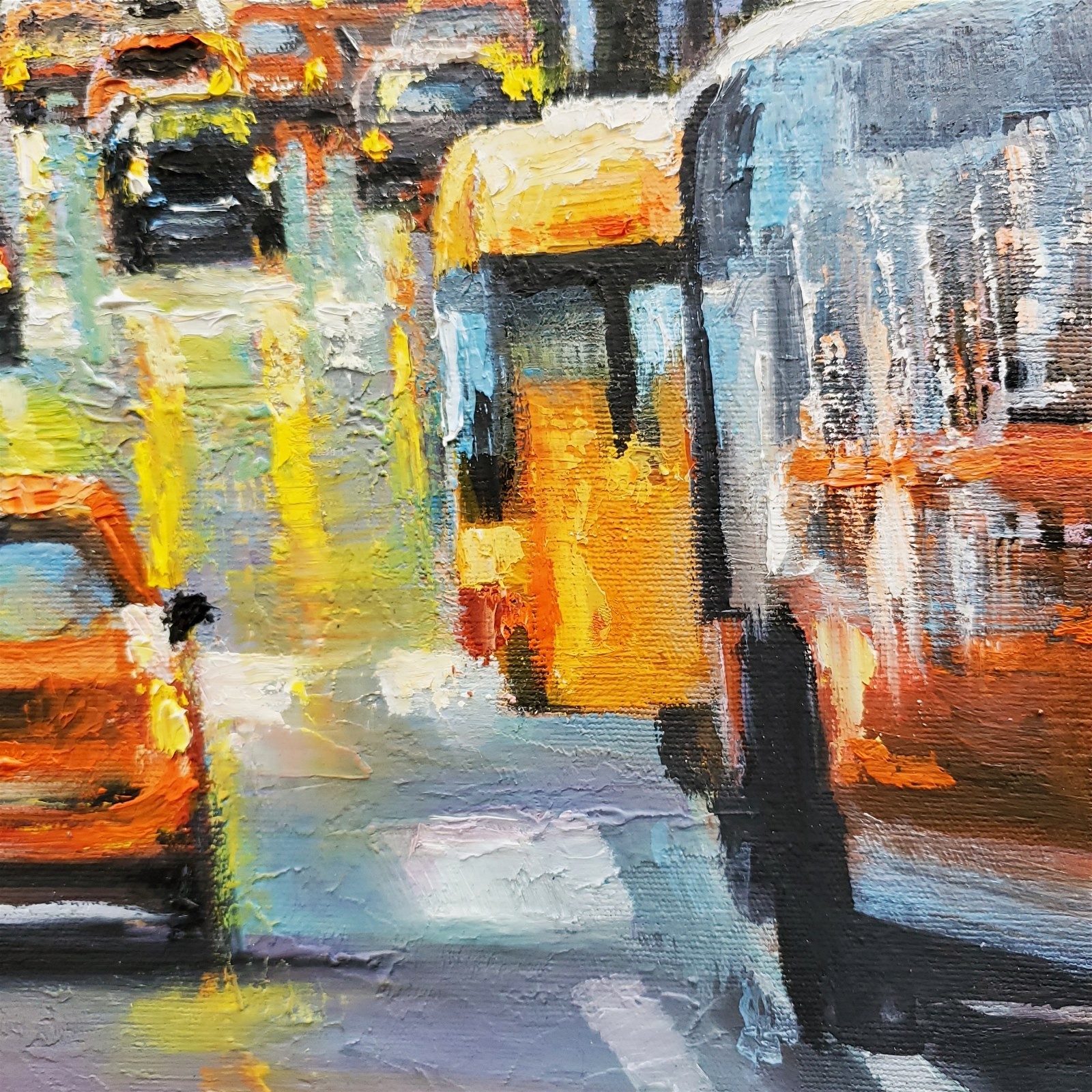 YARY DLUHOS New York City Street NYC Traffic People Lights Original Oil Painting