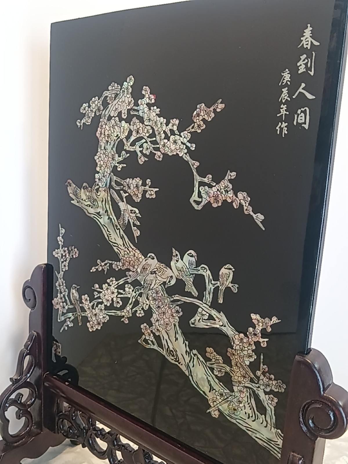 Chinese Lacquer Painting Mother of Pearl – Standing Picture Birds And Flowers