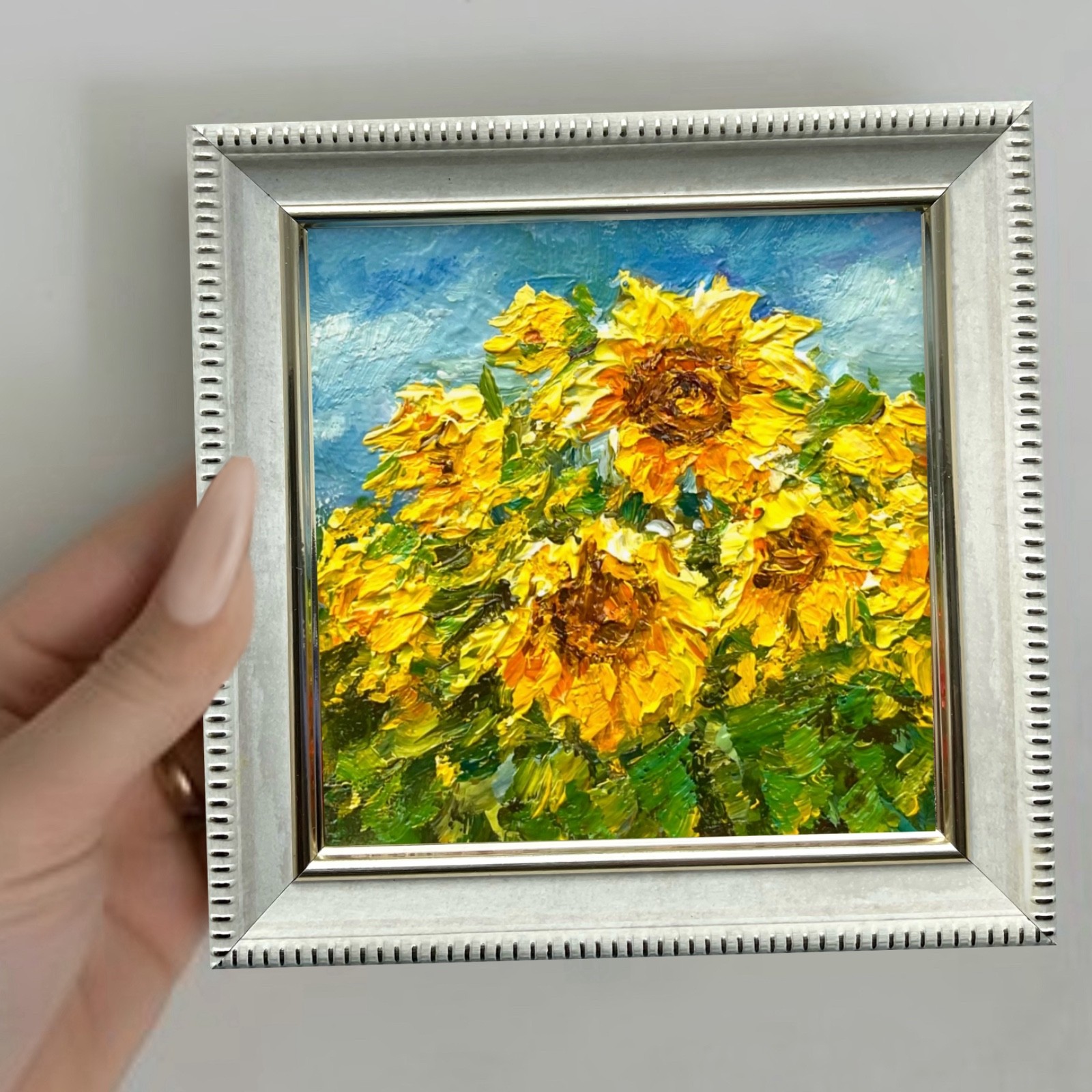 Sunflowers Original Oil Painting Flowers Field 4x4in Impasto Wall Mini Art OS
