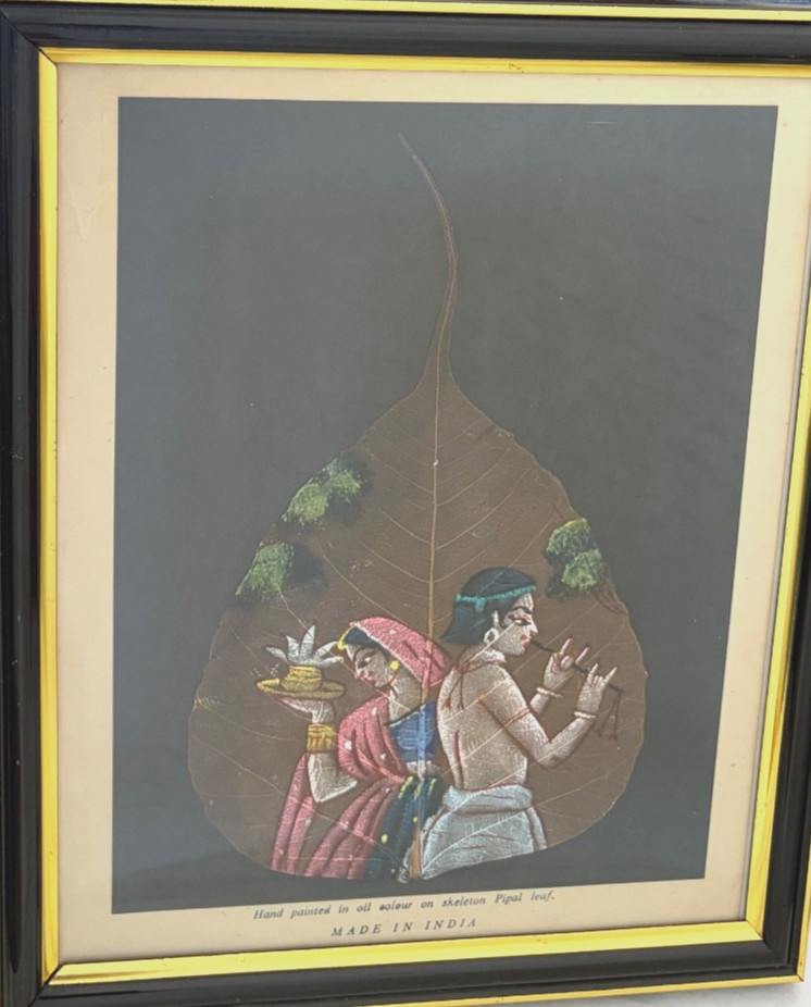 Vintage Hand Painted Skeleton Pipal Leaf Art Radha Krishna Indian Folk Painting
