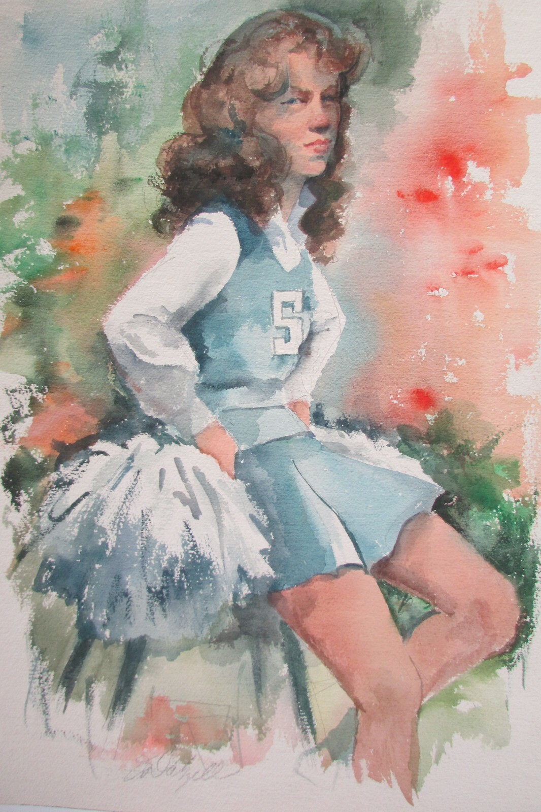 portrait of cheerleader American girl signed Jessie Dalzell watercolor painting