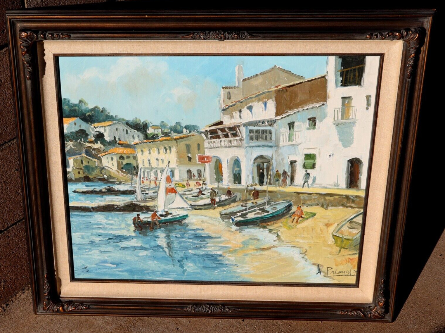 Mid Century European Village By the Sea with Figures & Sailboats A. Pascual