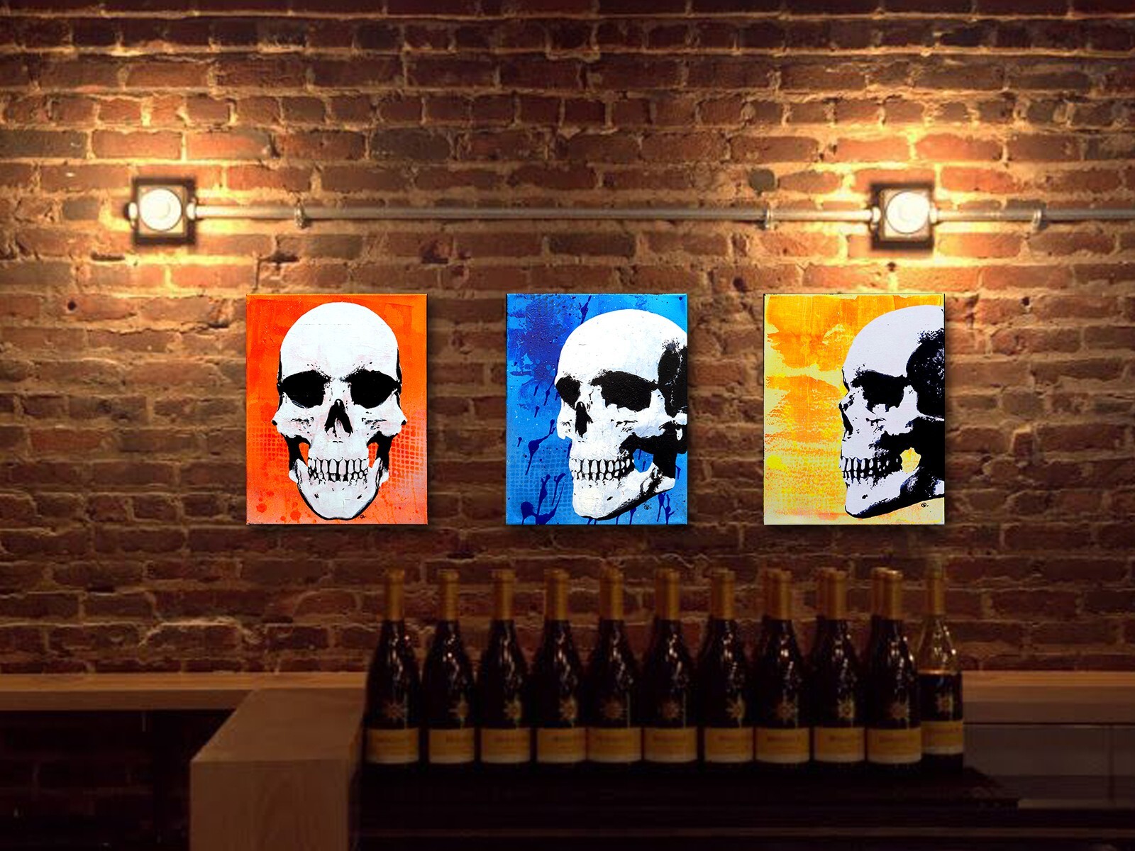 Original Skull Painting – POP ART – With UV Blacklight Bulb – 11×14 (set of 3)
