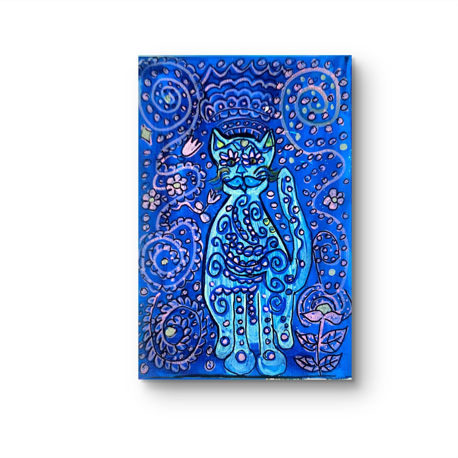 Mystical Cat Contemporary Expressionist Original Art Acrylic On Paper 9×6 Signed