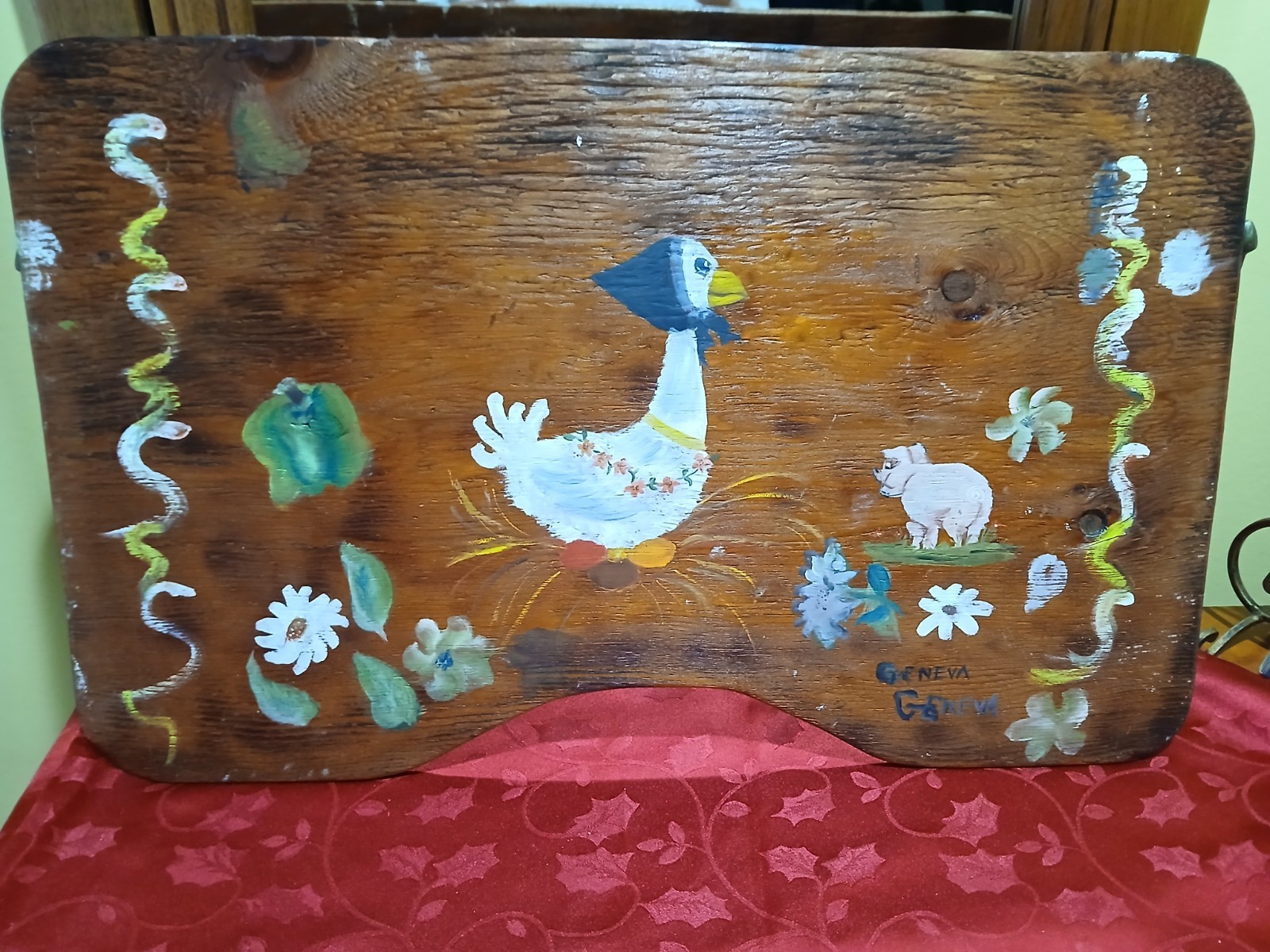 Vintage Hand-Painted Folk Art Chicken Wooden Scene Picture – Signed