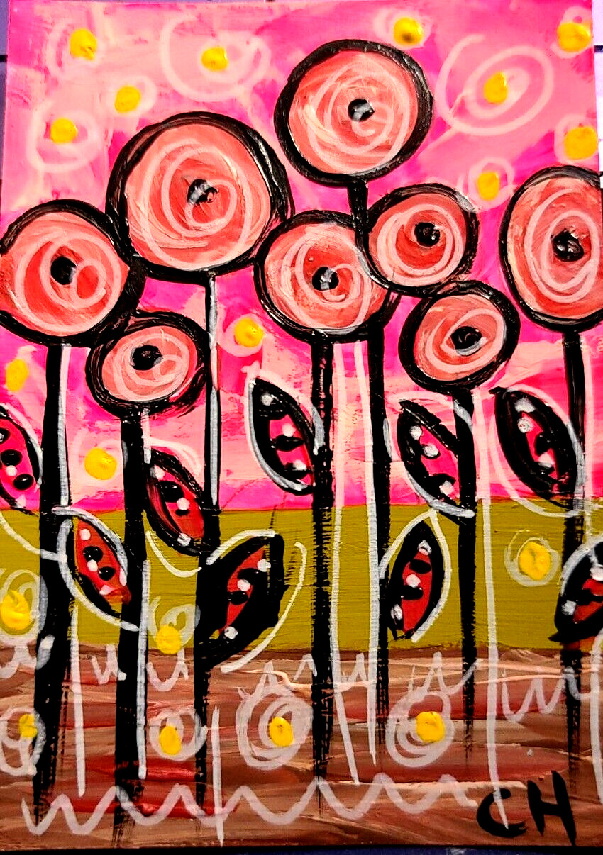 ACEO ORIGINAL CAT «SRING WITH SMILE » NEW ACRYLIC & GOUACHE PAINTING NEW