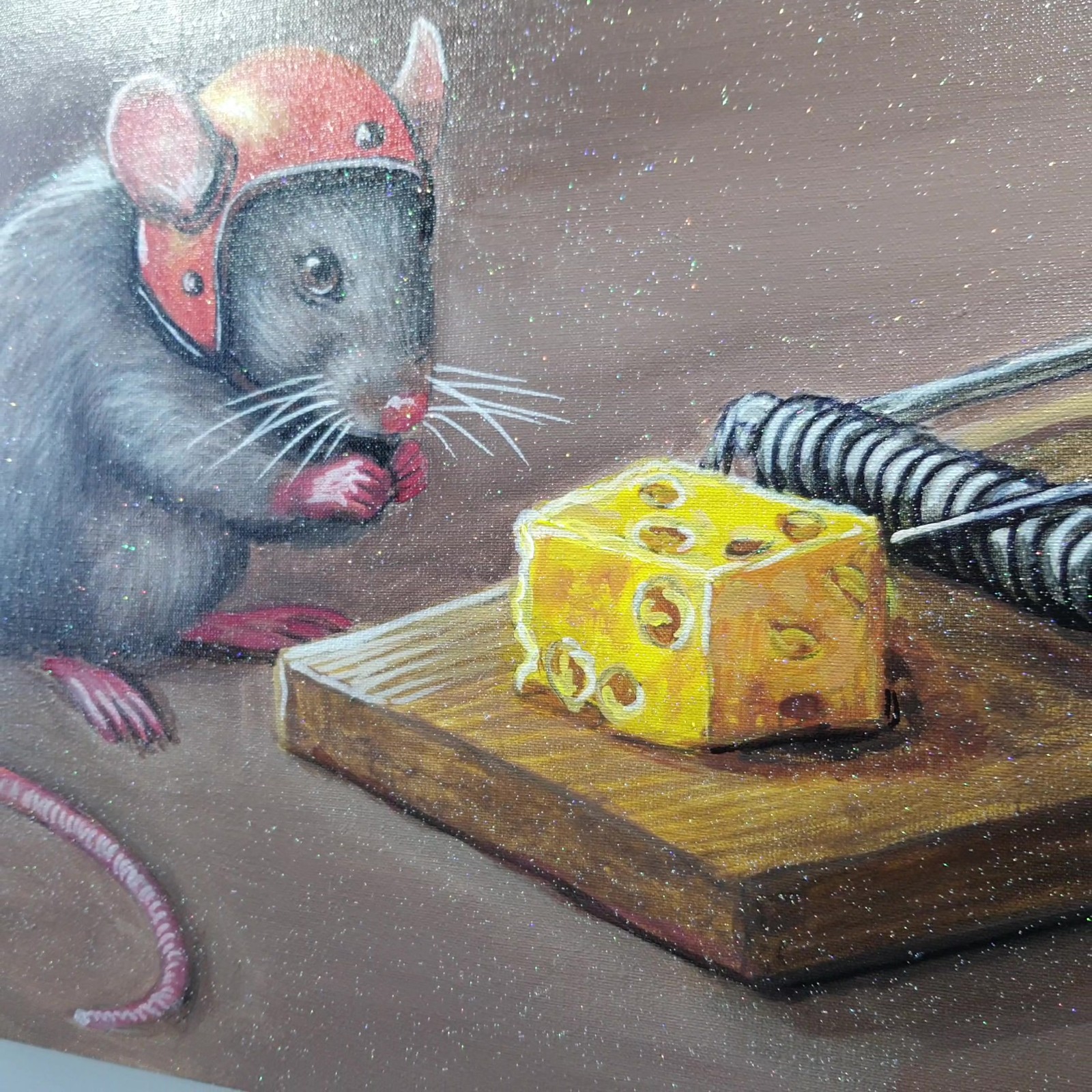 Brave Little Mouse and the Cheese Trap Funny Animal Painting Ukraine Artist