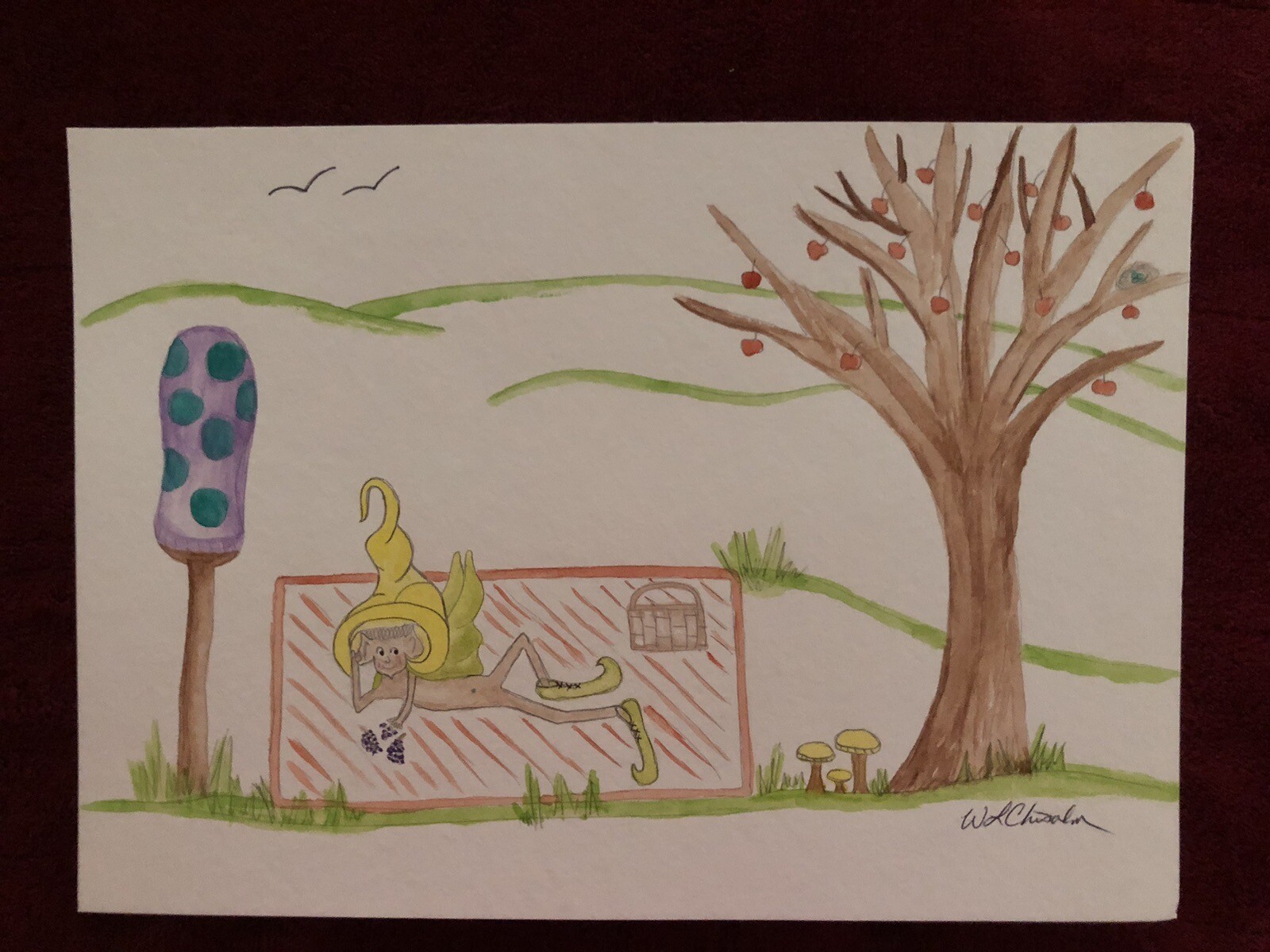 Elf Watercolor Print-Loungin’ on a Picnic Blanket – 8 1/2″ x 11″ Print