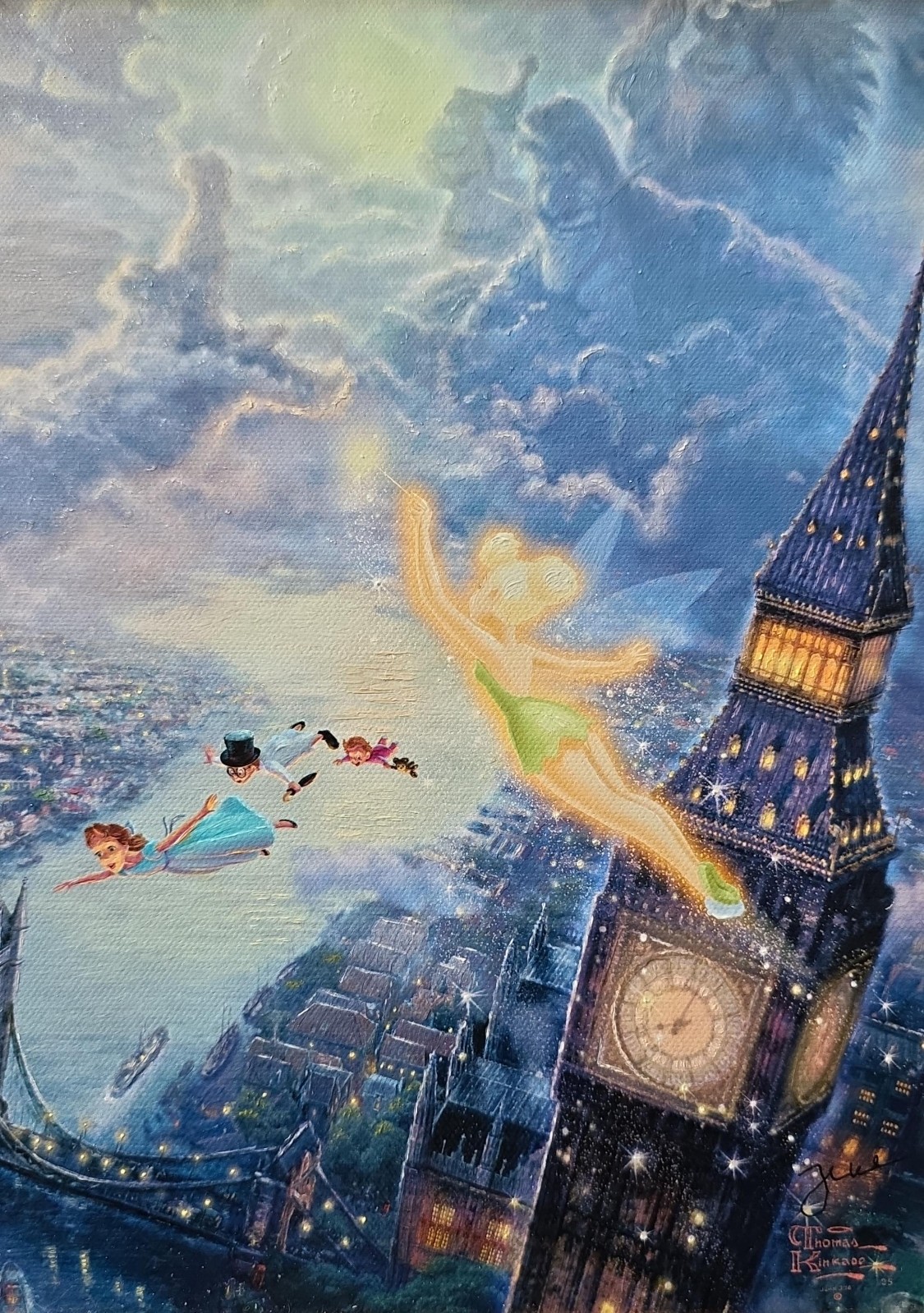 Thomas Kinkade Tinker Bell and Peter Pan fly to Neverland 12×18 R/E COA 13/40
