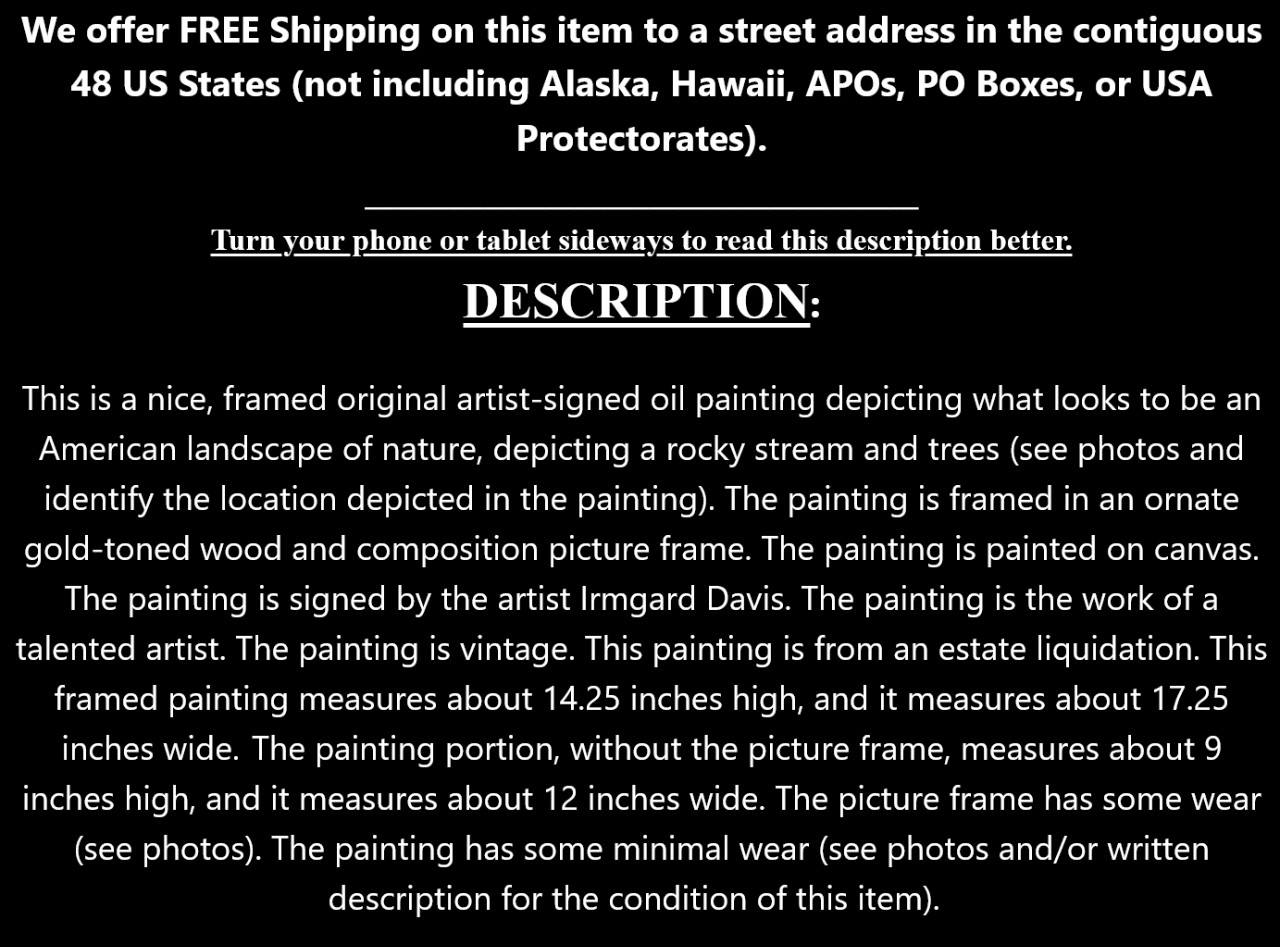 Original Oil Painting Stream Trees Landscape Artist Signed Irmgard Davis Framed