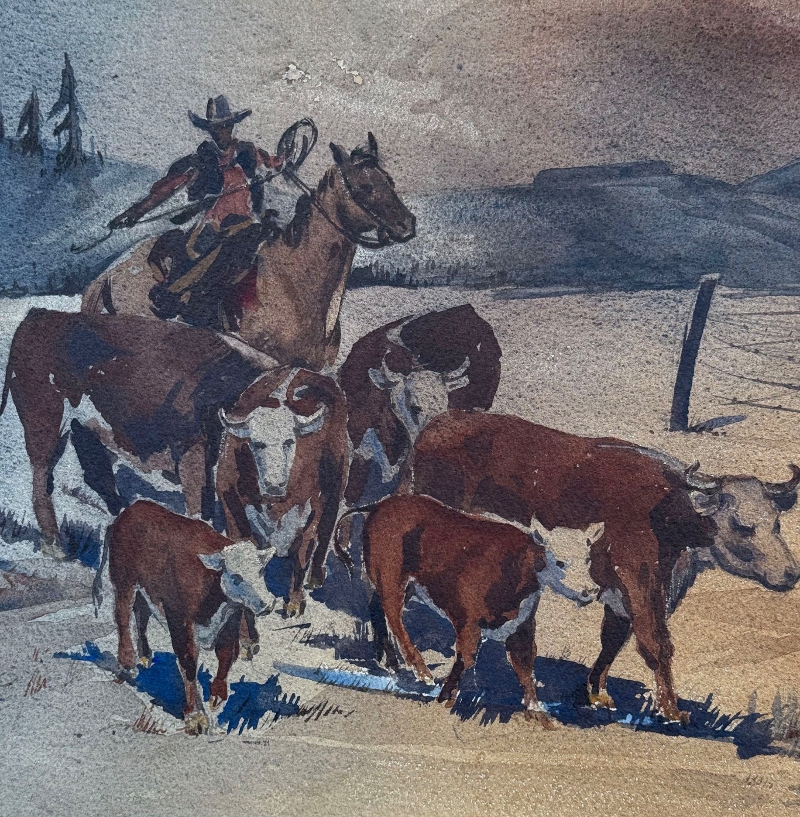 Mid Century COWBOY HERDING CATTLE Watercolor Painting by Listed Regionalist