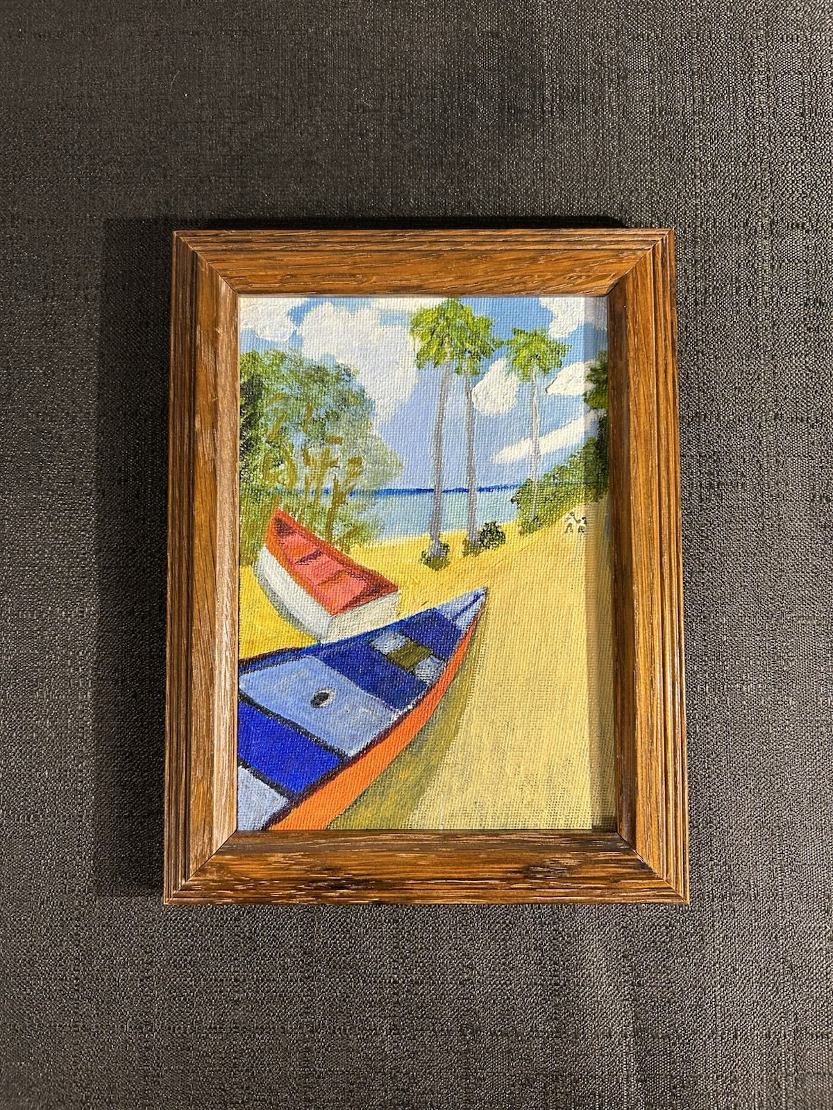 Naive Art painting 7”x 5” St. Lucia Beach Framed Signet Ed Silvoy
