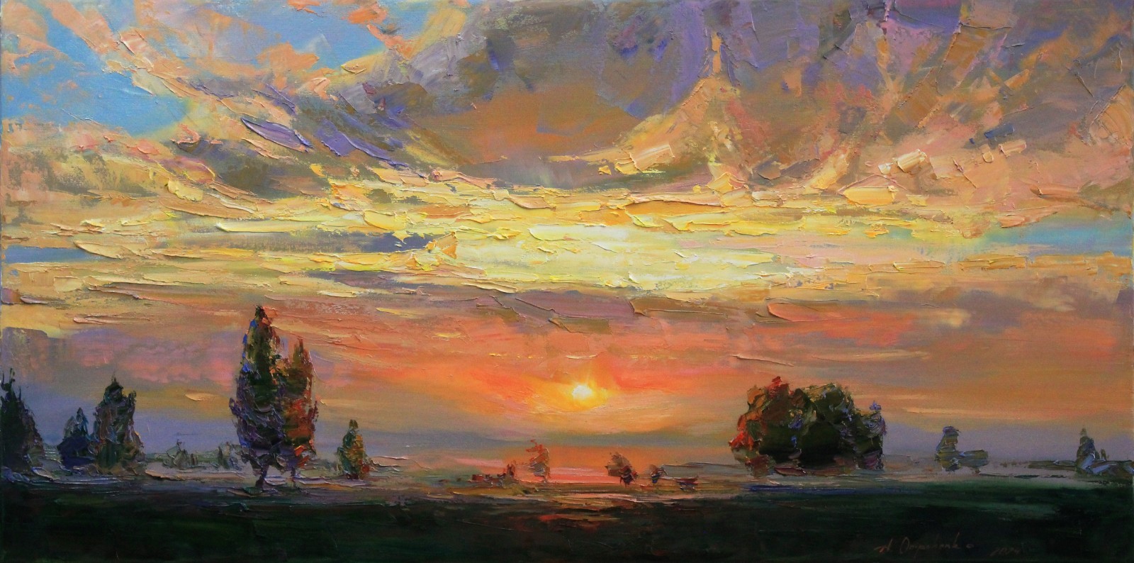 Sunset landscape IMPRESSIONISM original artwork Oil on canvas by A Onipchenko