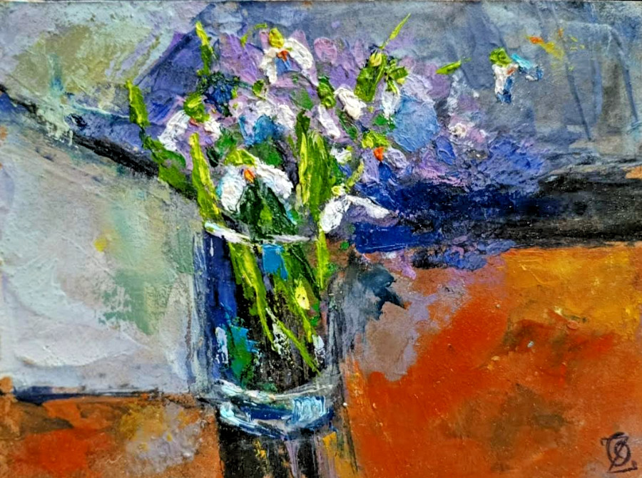 NEW! Oil on cardboard. Scilla Bouquet. Collectable art, impressionism. Best gift