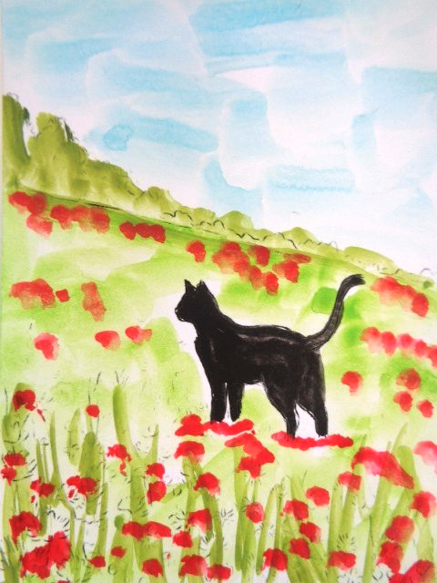 ACEO BLACK CAT IN A FIELD OF RED POPPY FLOWERS Painting ART