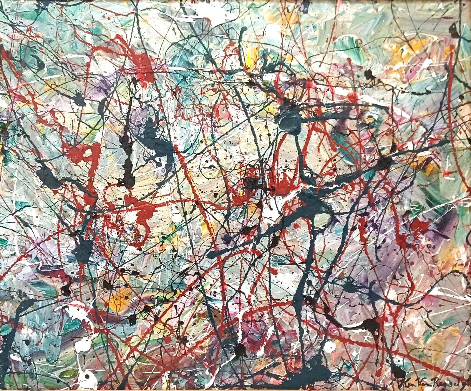 AMERICAN KEN VAN RENSSELAER SIGNED ORIG POLLOCK STYLE ABSTRACT OIL on MASONITE