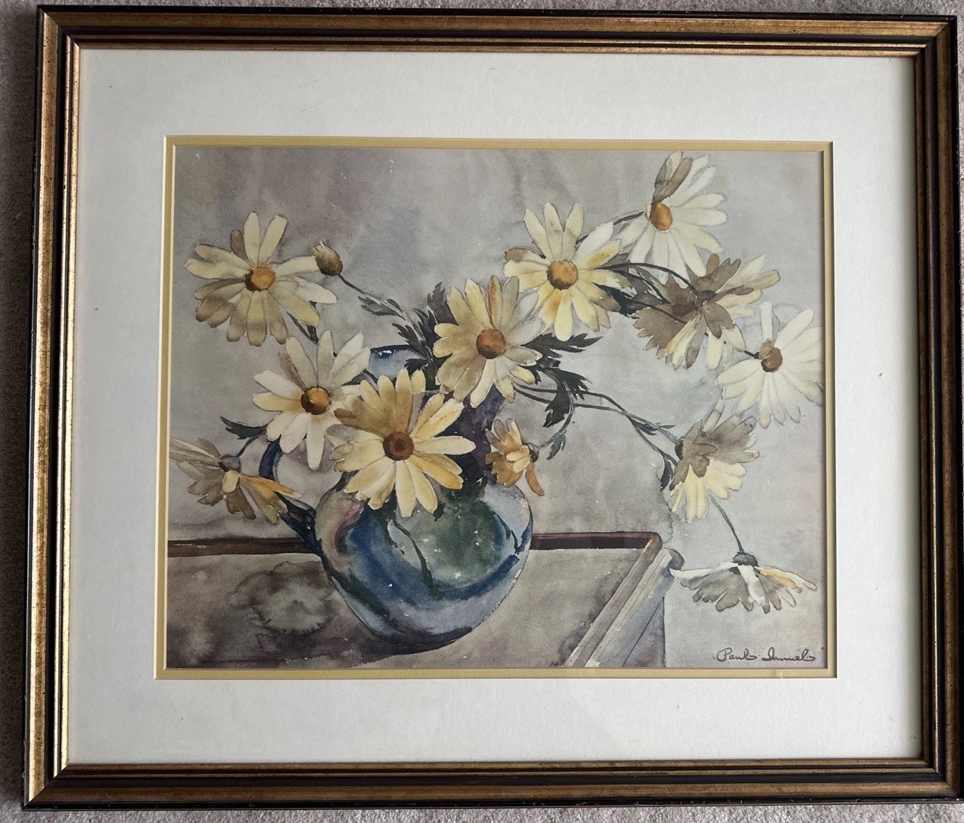 Paul Immel Print Watercolor Marguerites Lithograph Flowers Framed Art 27.5”x23.5
