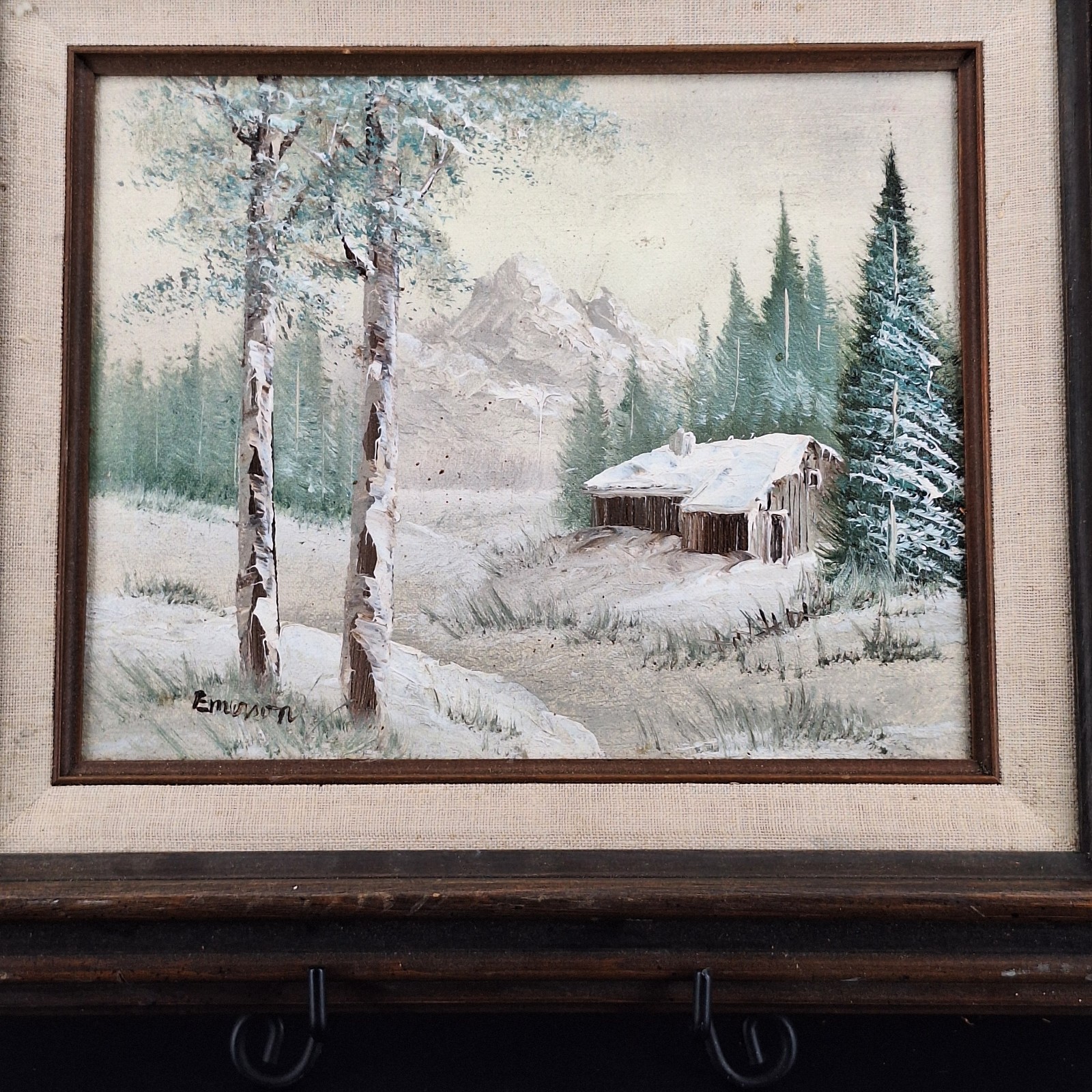 Medium Signed Painted on Canvas of Snow Covered Winter Barn or Cabin Framed