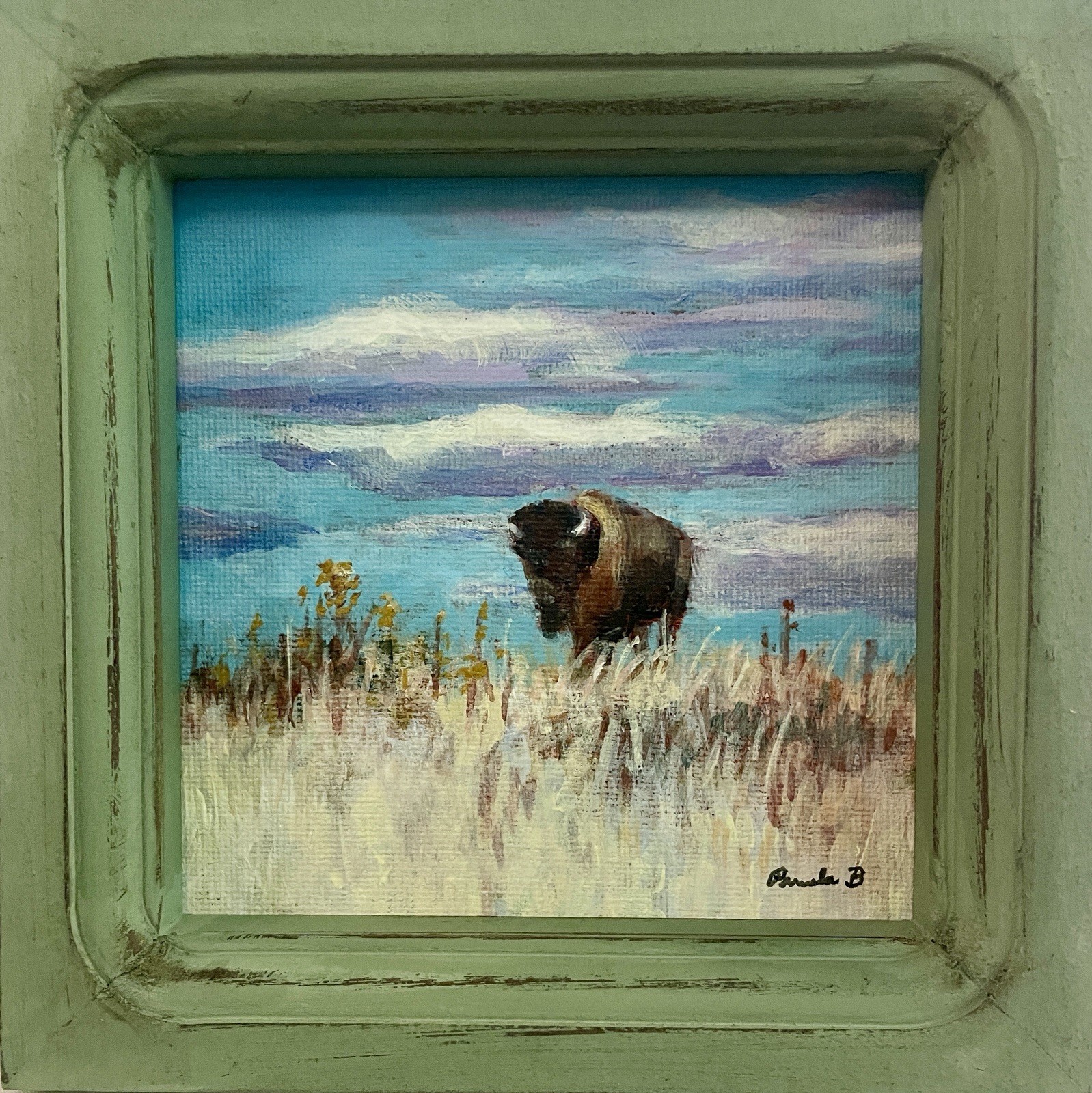 Buffalo Prairie Landscape Original Painting Framed Mini Western Art