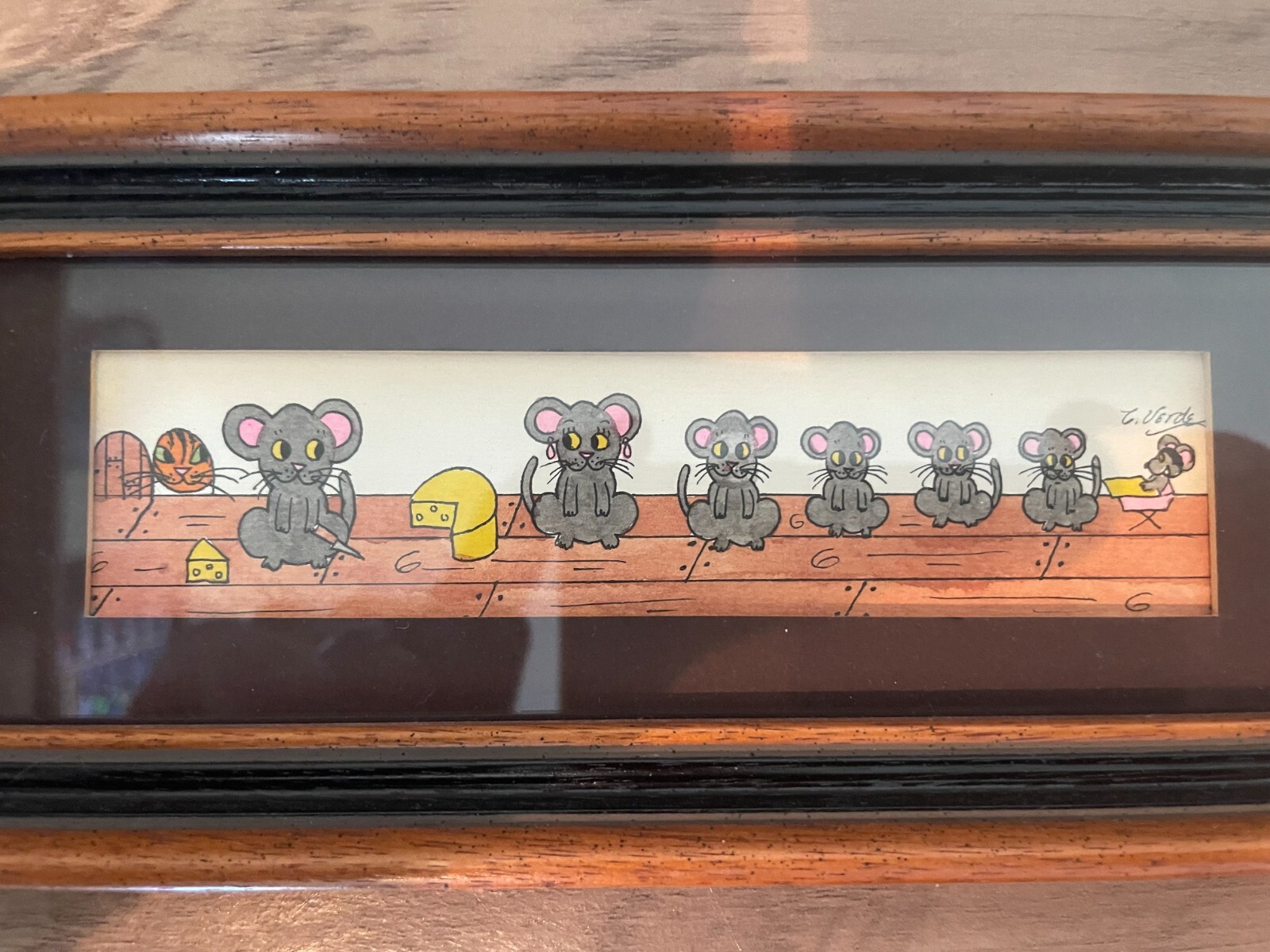 CAT & MOUSE Watercolor Framed/Signed 8 x 3 1/2