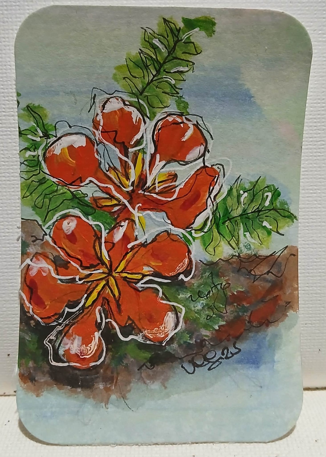 Lichen & Flame OOAK ACEO Loose Watercolor of Royal Poinciana on Bark Giftable