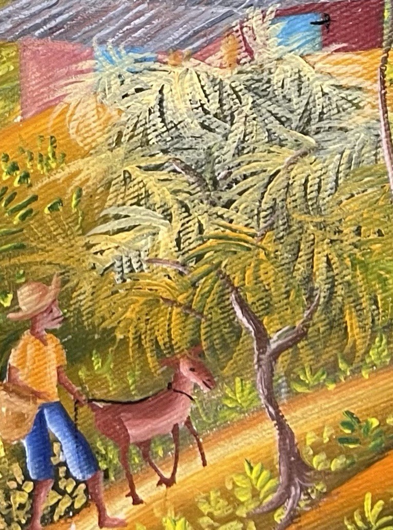 Vintage Ossey Dubic Haitian Folk Art Original Painting Village Life Landscape