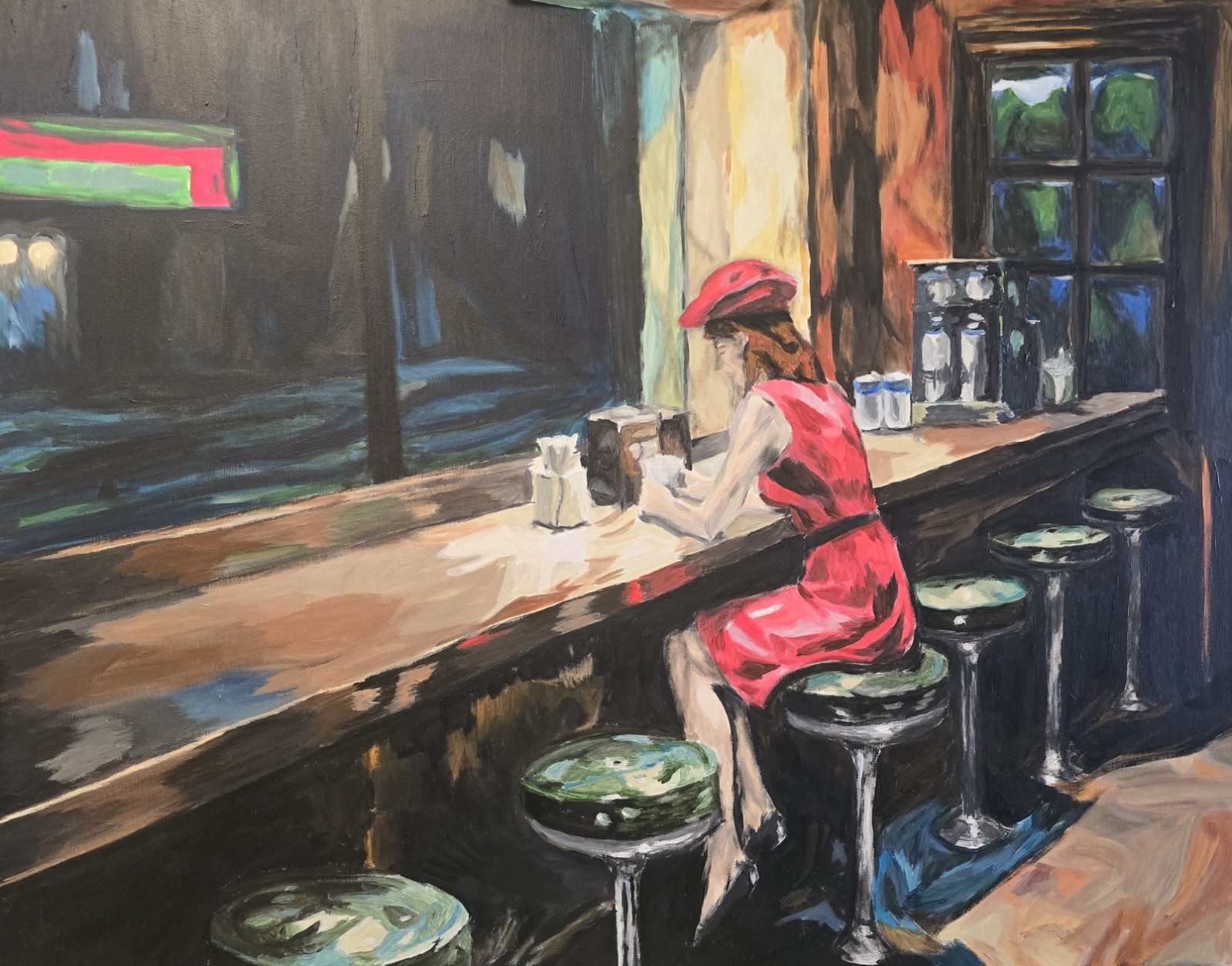 Neon Solitude – Original Diner Scene Painting, Acrylic on 24×18 Canvas
