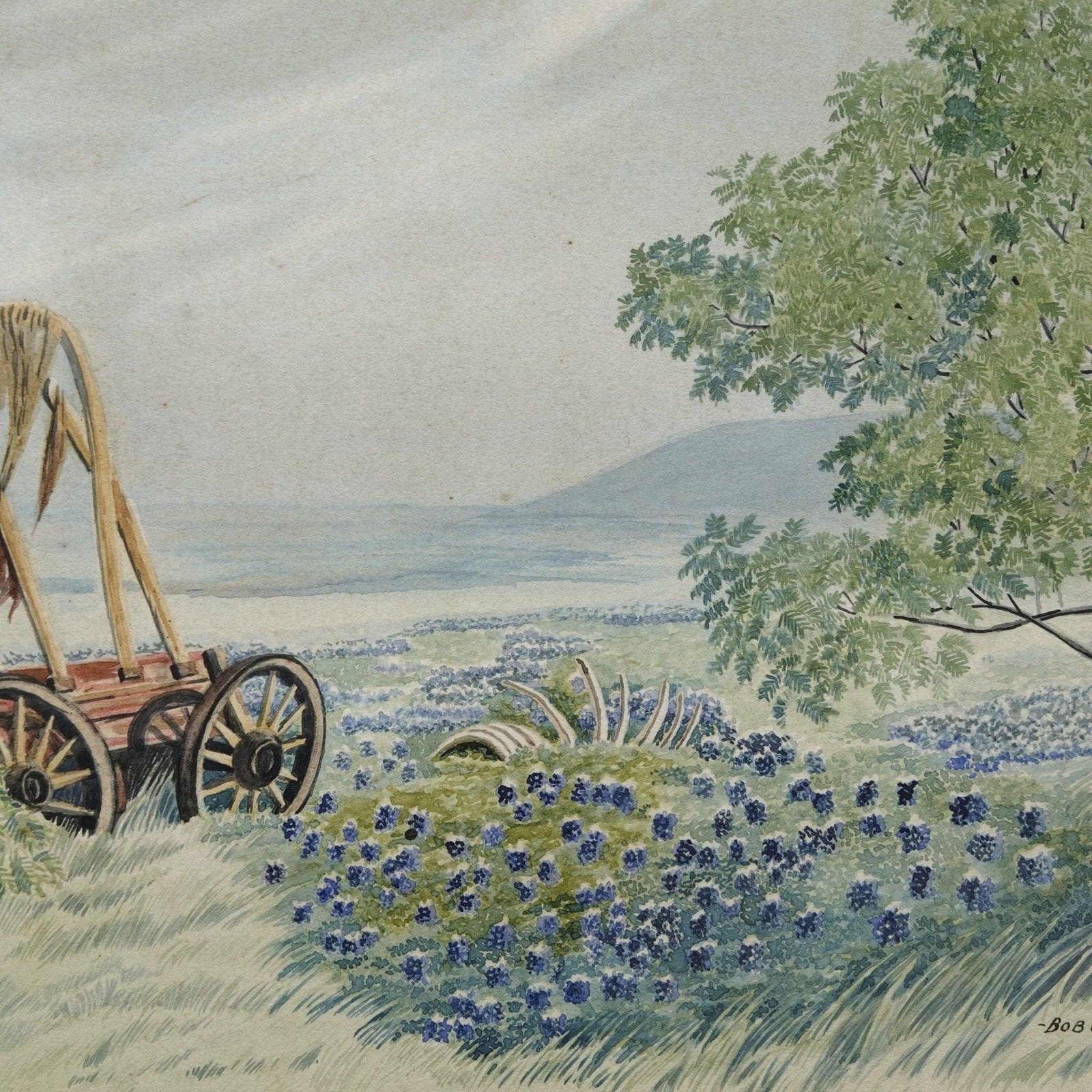 1941 Bob Crabb Texas Hill country Bluebonnet Landscape Watercolor